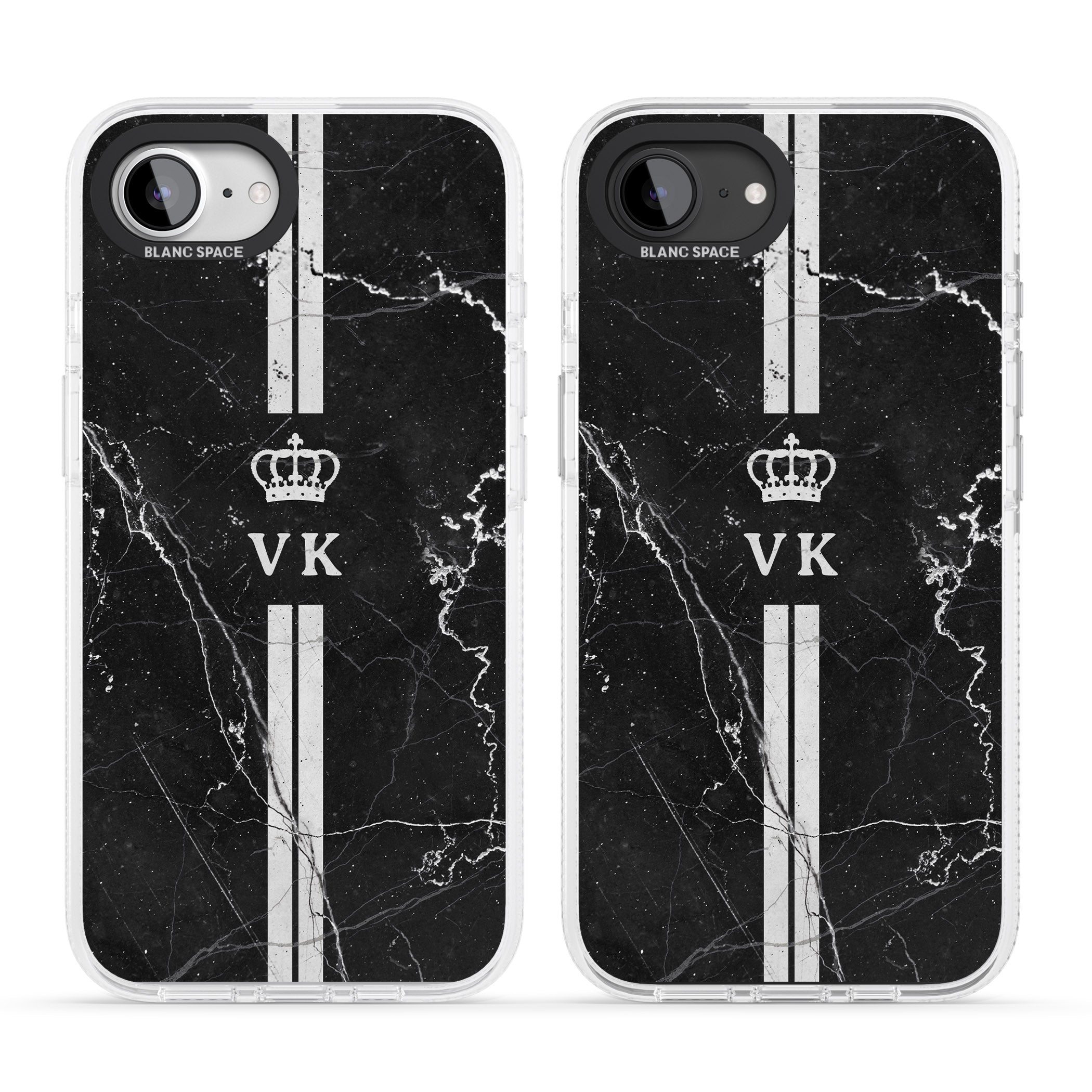 Personalised Stripes + Initials with Crown on Black Marble iPhone 16e Clear Case Impact Air - Blanc Space