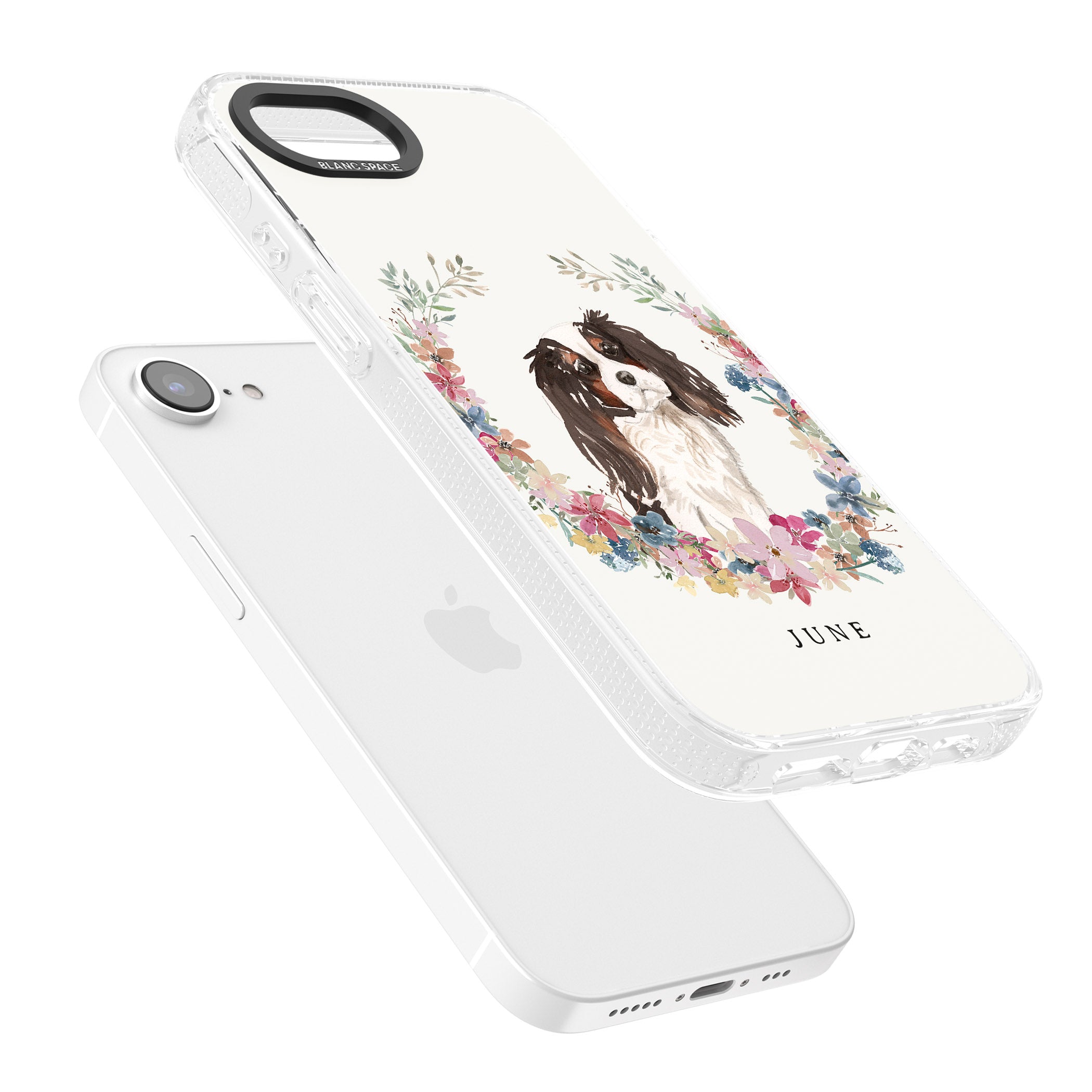 Personalised Tri Coloured King Charles Watercolour Dog Portrait iPhone 16e Clear Case Impact Air - Blanc Space