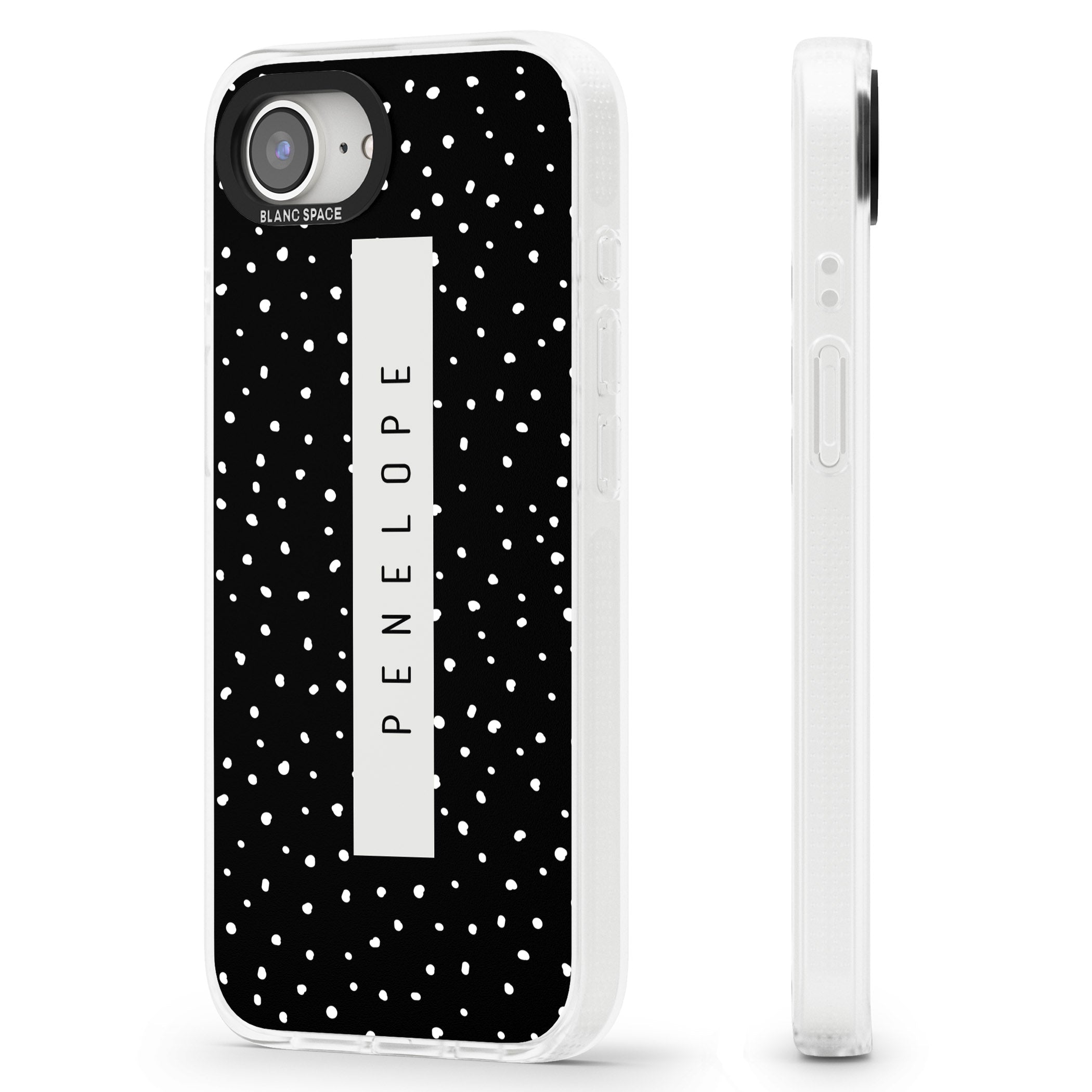 Personalised Black Dots iPhone 16e Clear Case Impact Air - Blanc Space