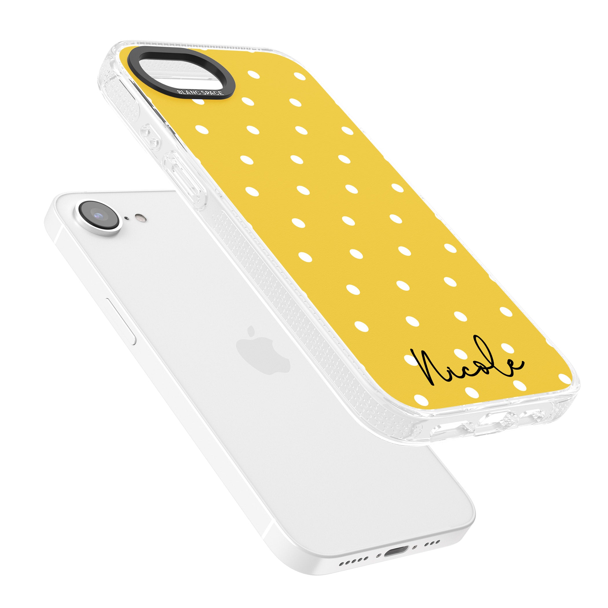 Personalised Yellow Polka Dot iPhone 16e Clear Case Impact Air - Blanc Space
