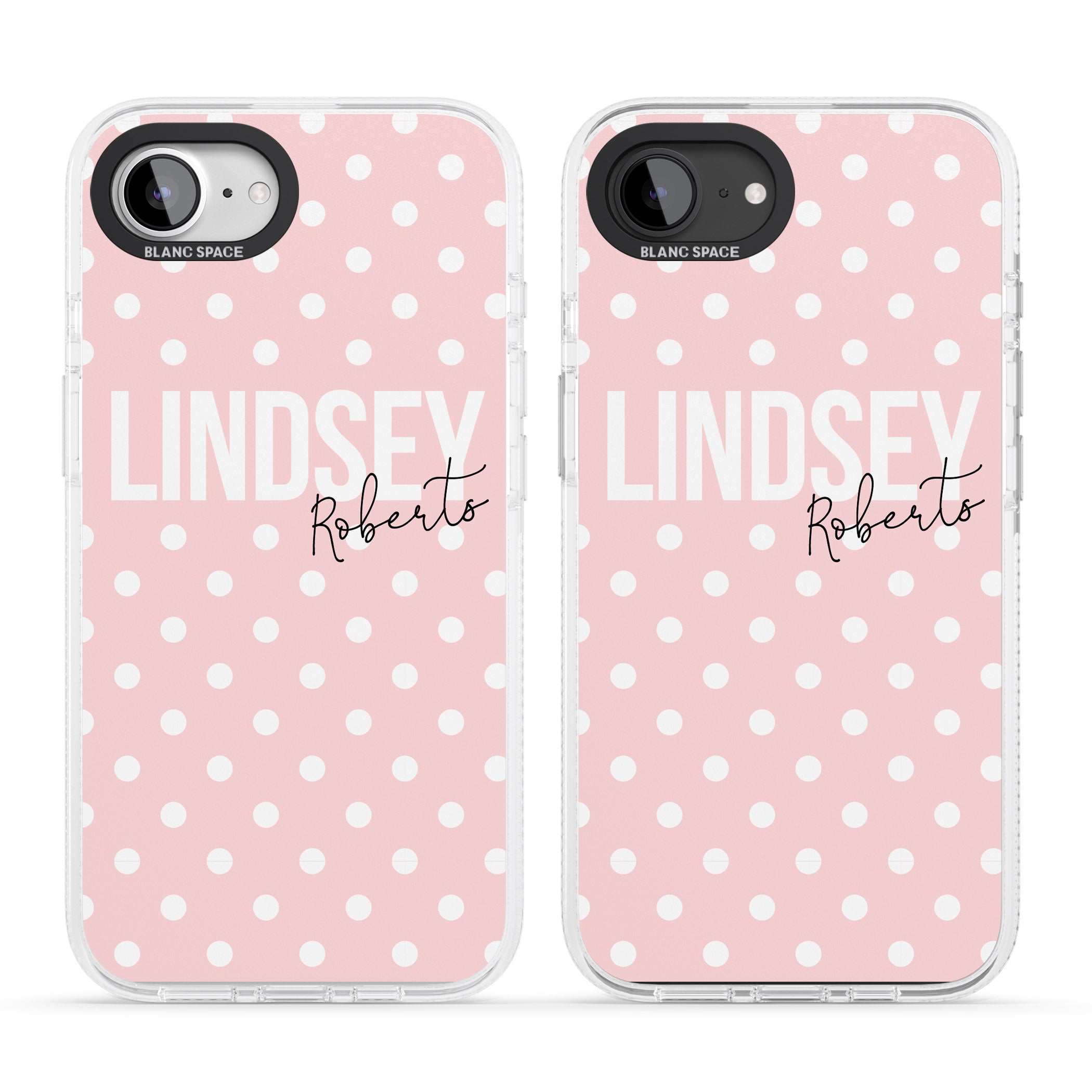 Personalised Pink Polka iPhone 16e Clear Case Impact Air - Blanc Space