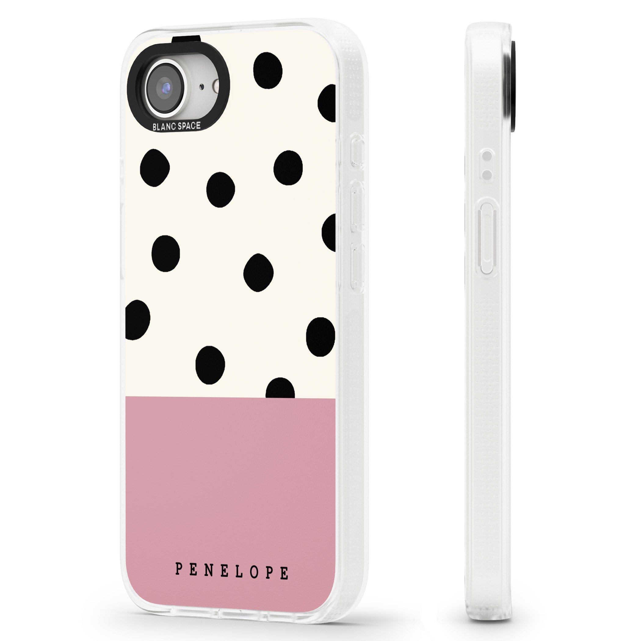 Personalised Pink Border Polka Dot iPhone 16e Clear Case Impact Air - Blanc Space