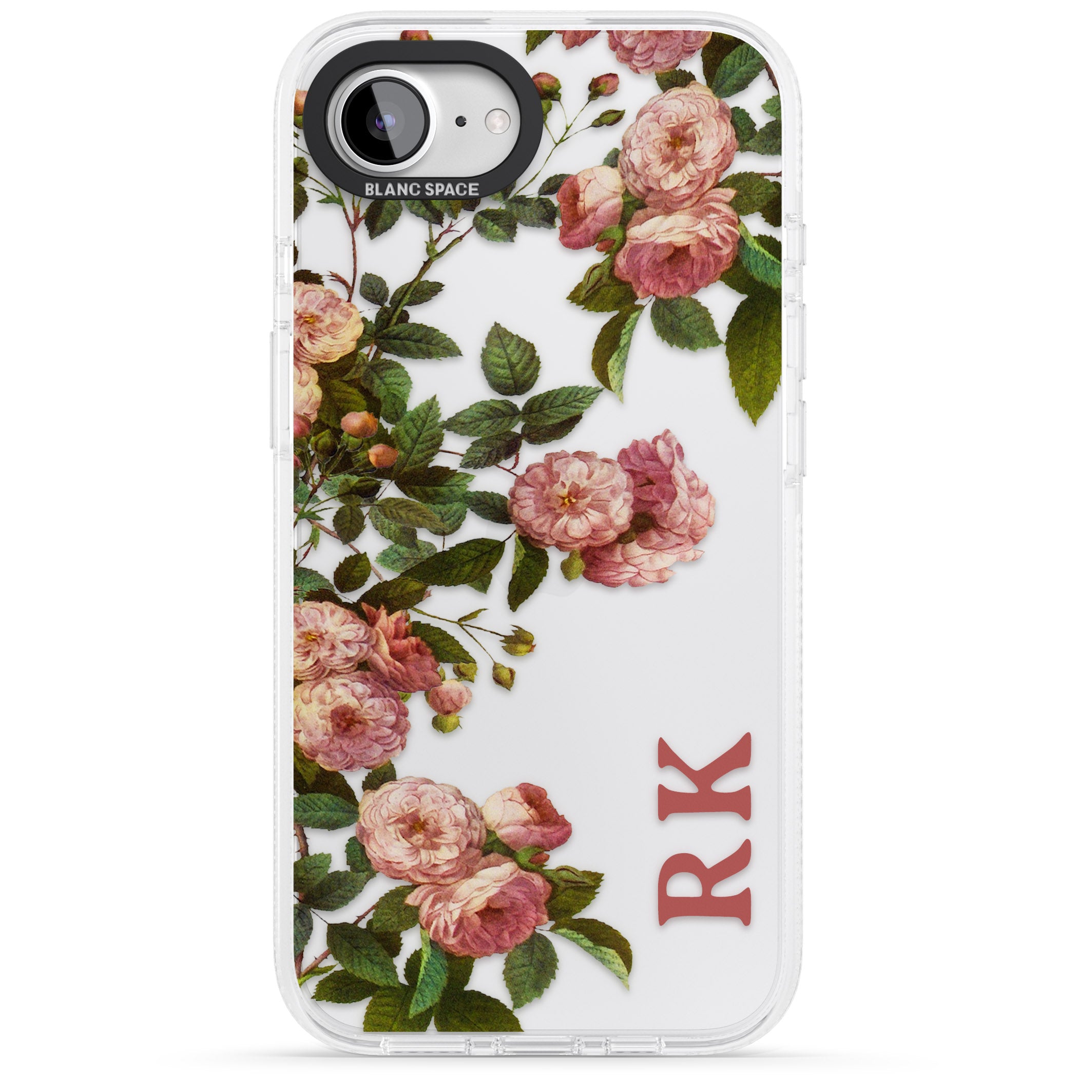 Personalised Clear Vintage Floral Pink Garden Roses iPhone 16e Clear Case Impact Air - Blanc Space