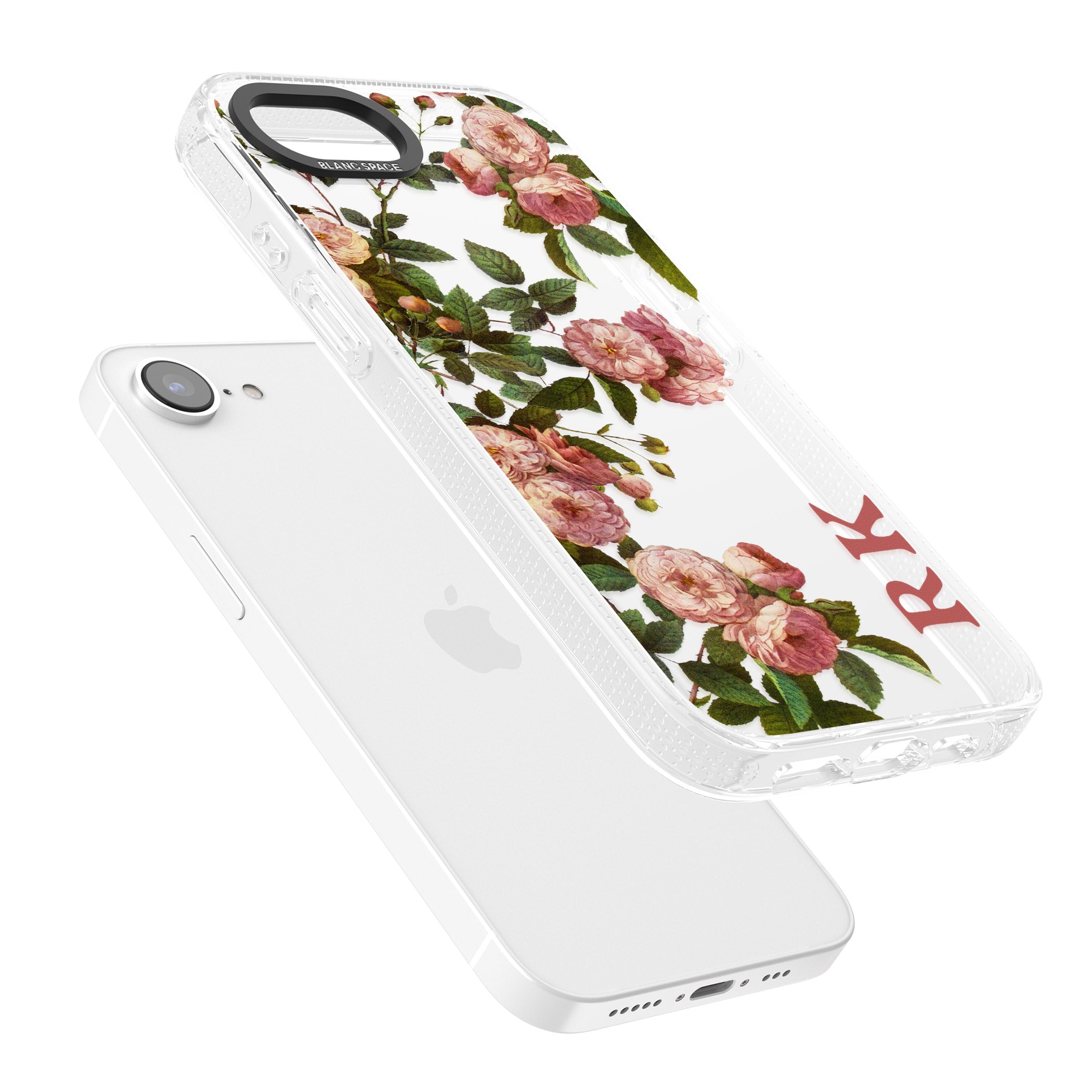 Personalised Clear Vintage Floral Pink Garden Roses iPhone 16e Clear Case Impact Air - Blanc Space
