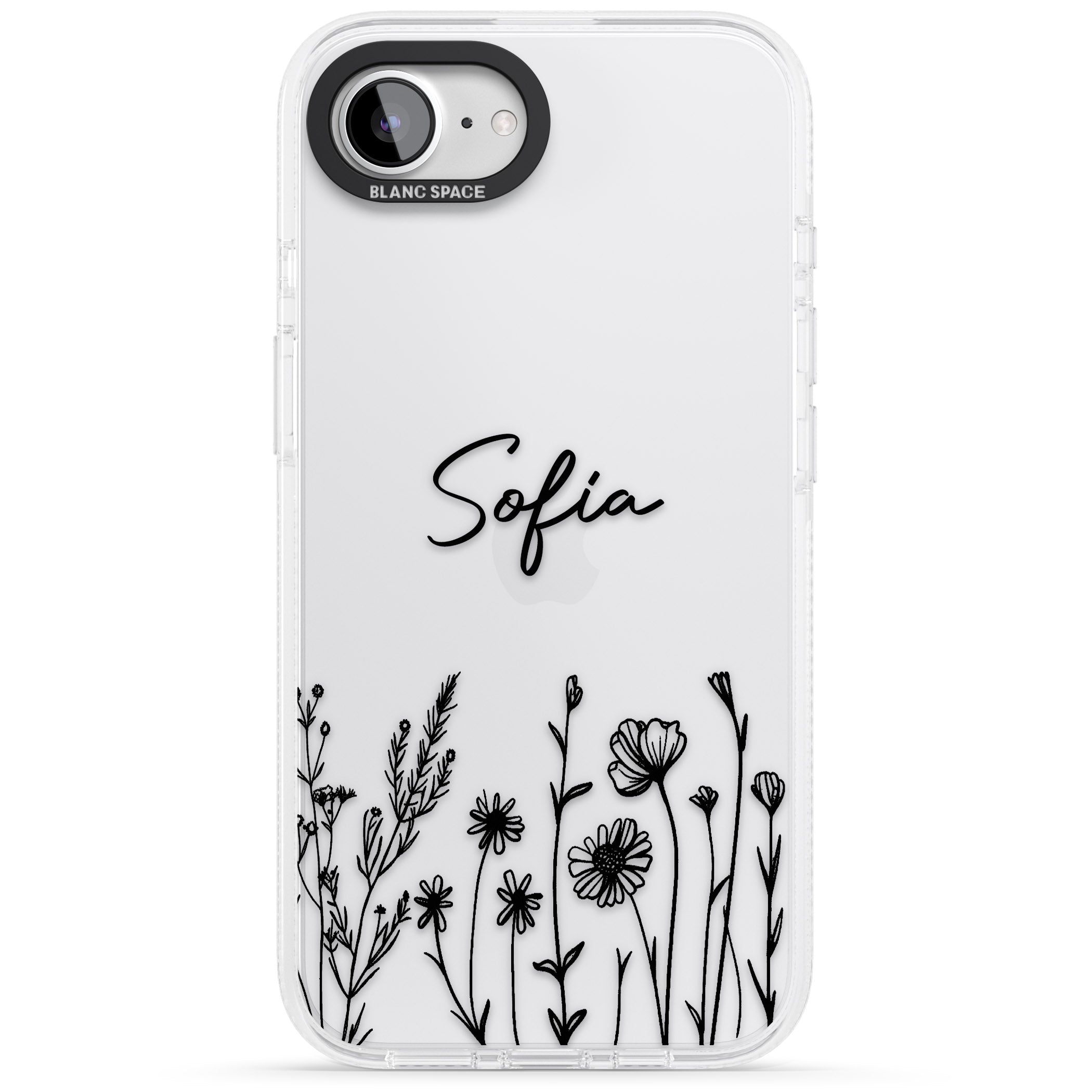 Personalised Black Wildflowers iPhone 16e Clear Case Impact Air - Blanc Space
