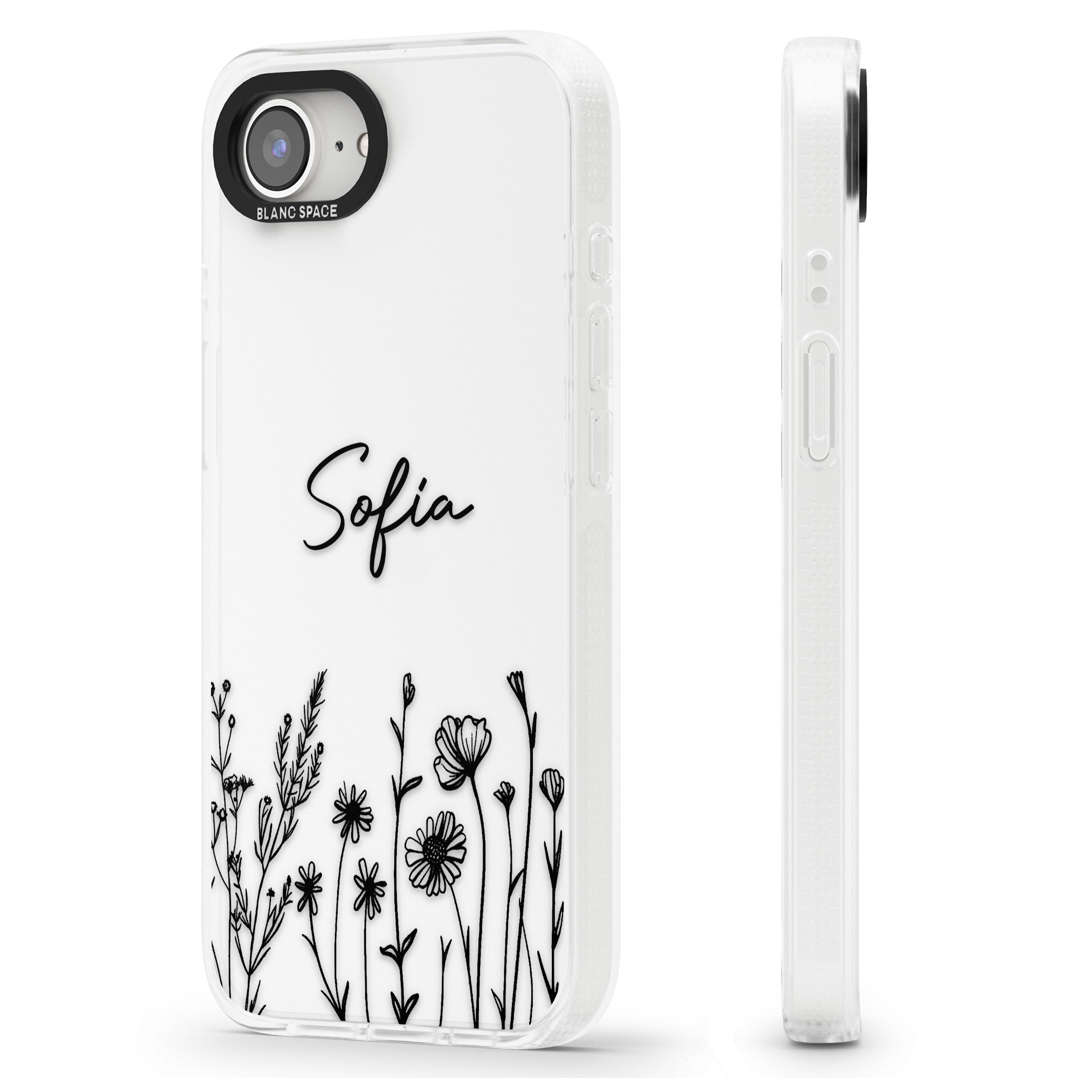 Personalised Black Wildflowers iPhone 16e Clear Case Impact Air - Blanc Space