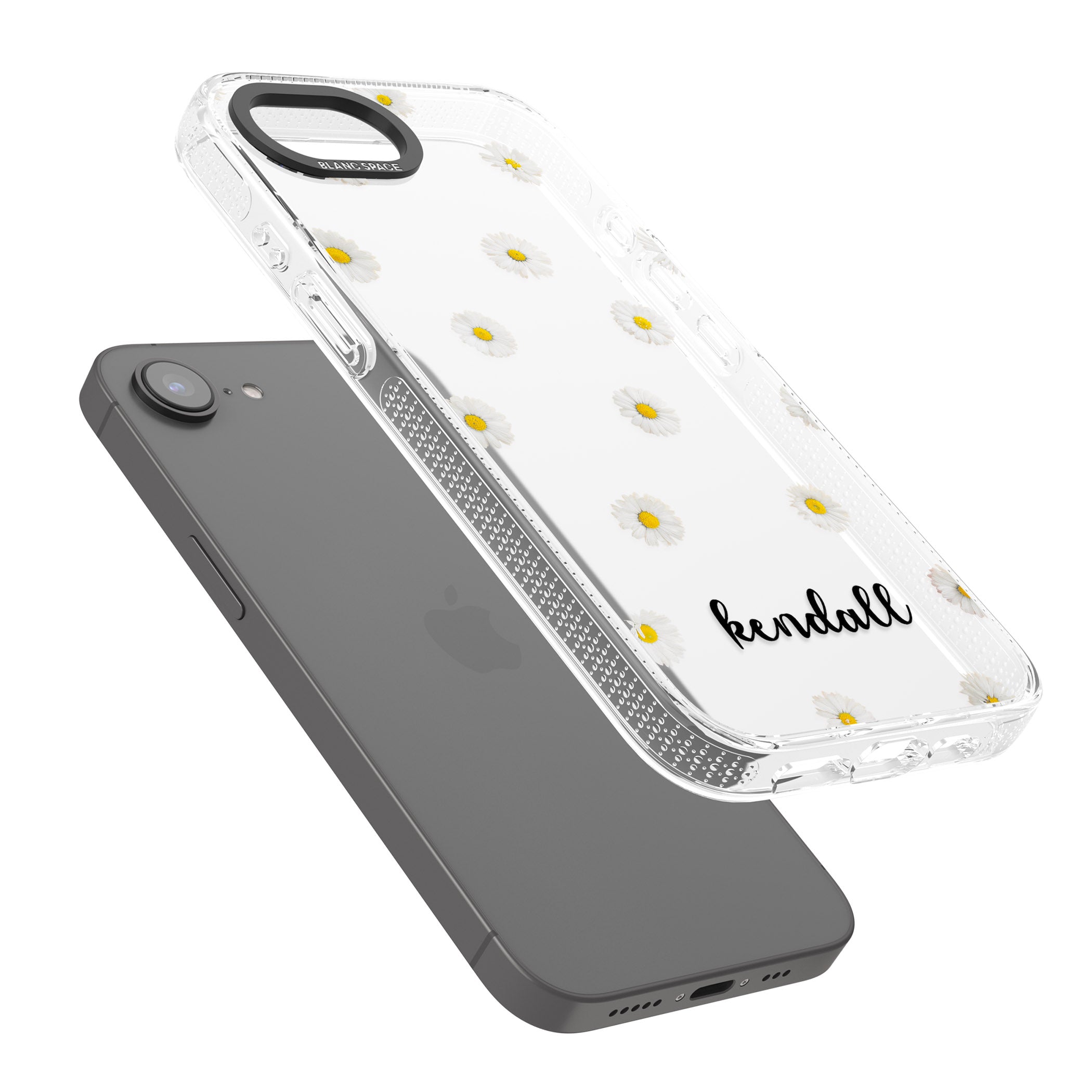 Personalised White Daisies & Cursive iPhone 16e Clear Case Impact Air - Blanc Space