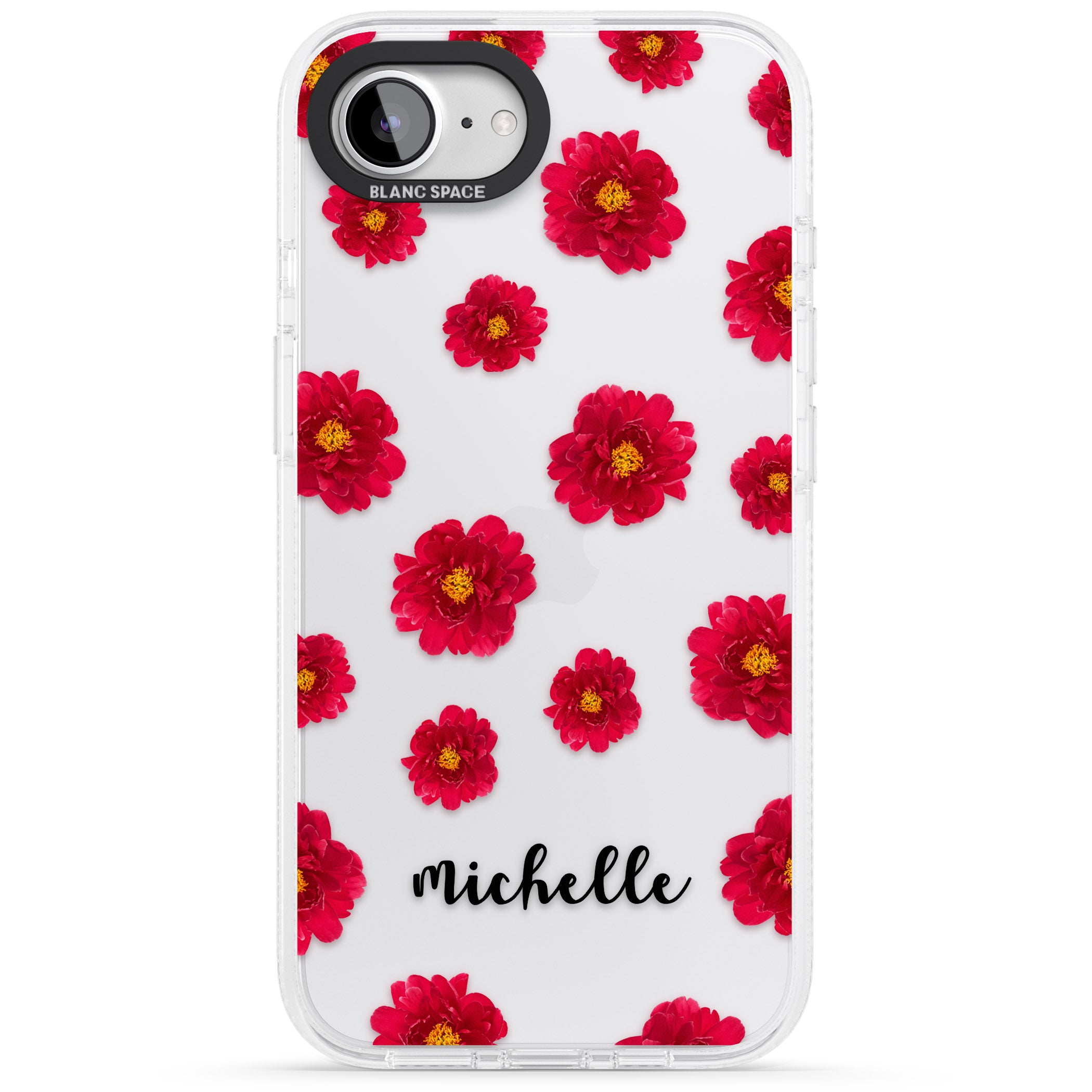 Personalised Red Peonies & Cursive iPhone 16e Clear Case Impact Air - Blanc Space