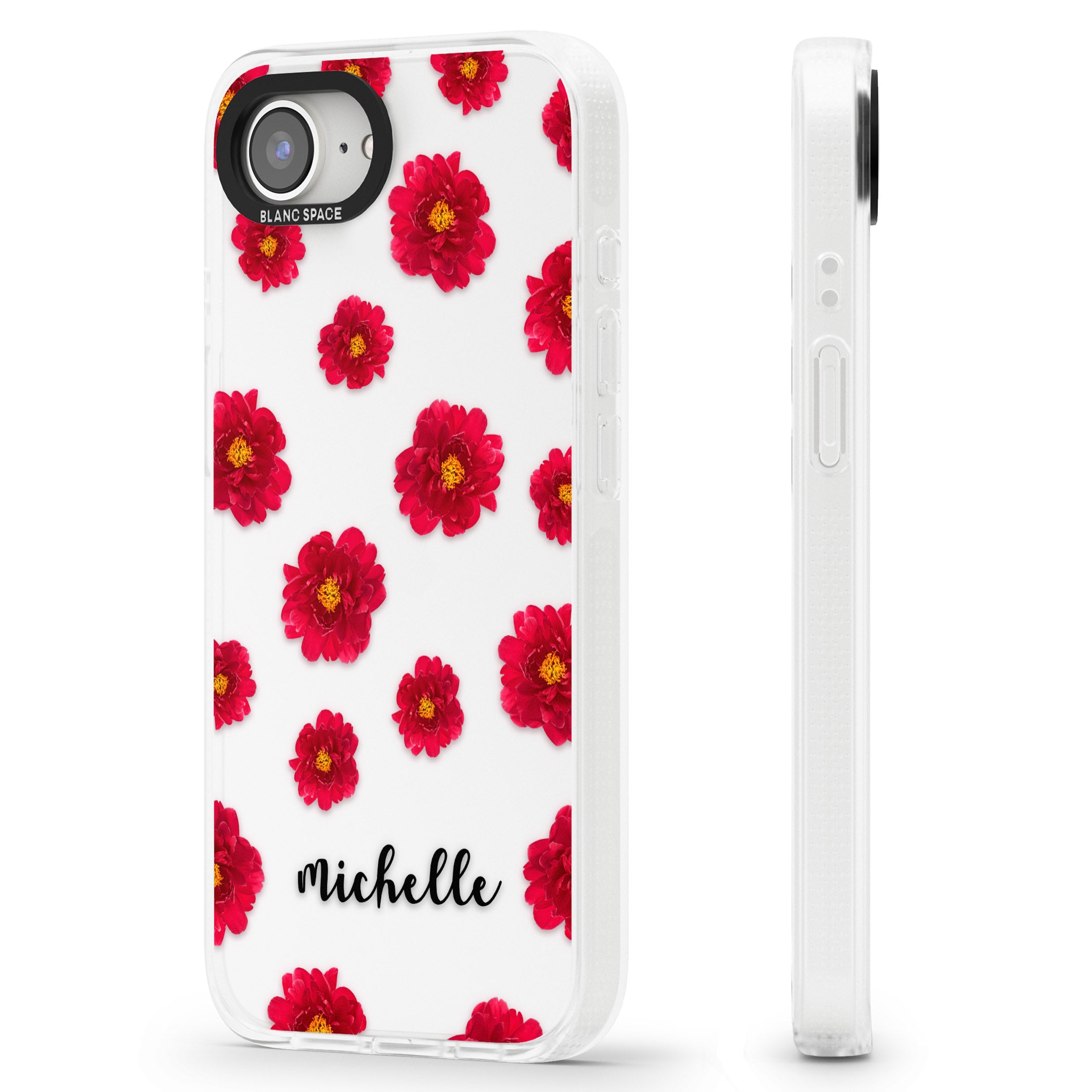 Personalised Red Peonies & Cursive iPhone 16e Clear Case Impact Air - Blanc Space