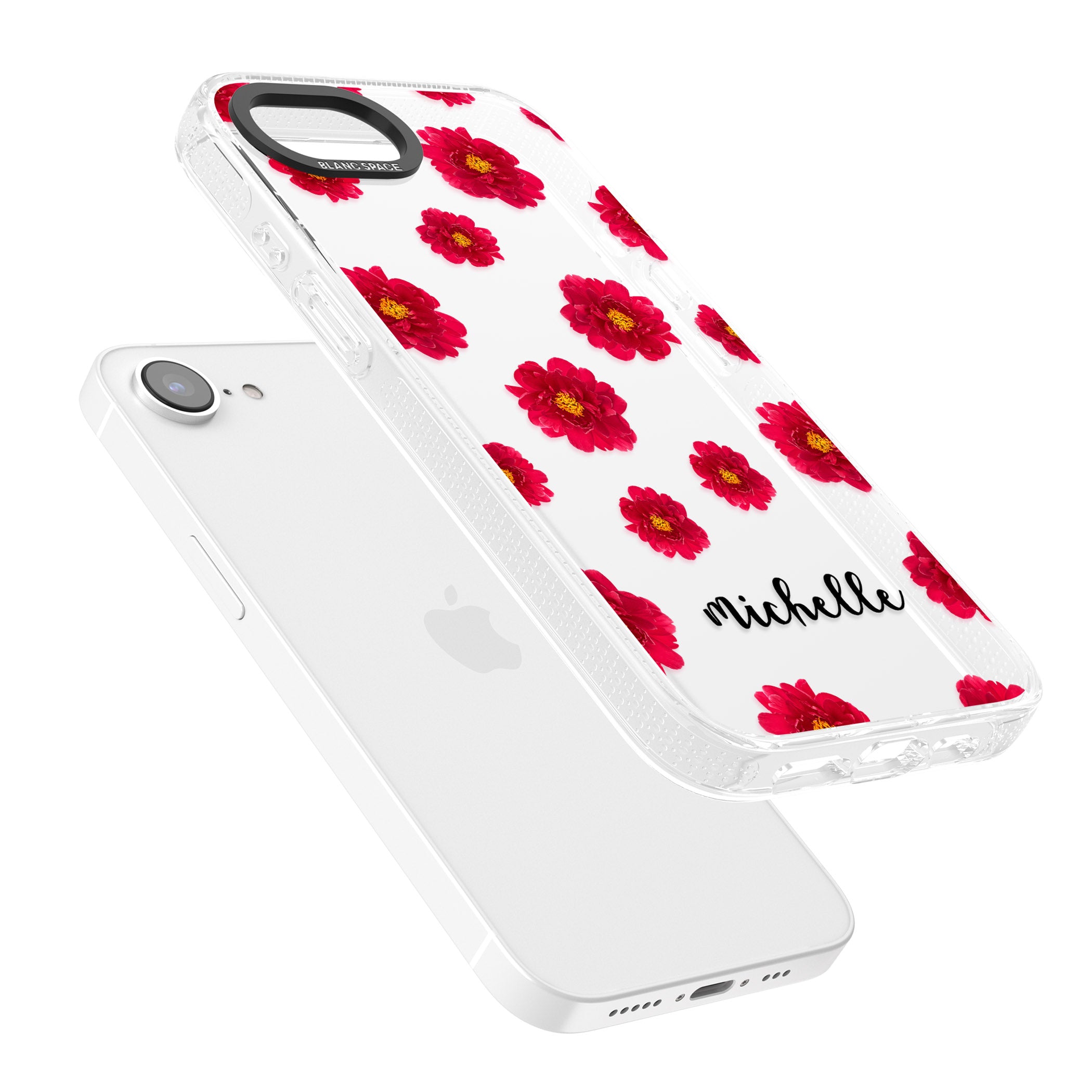 Personalised Red Peonies & Cursive iPhone 16e Clear Case Impact Air - Blanc Space