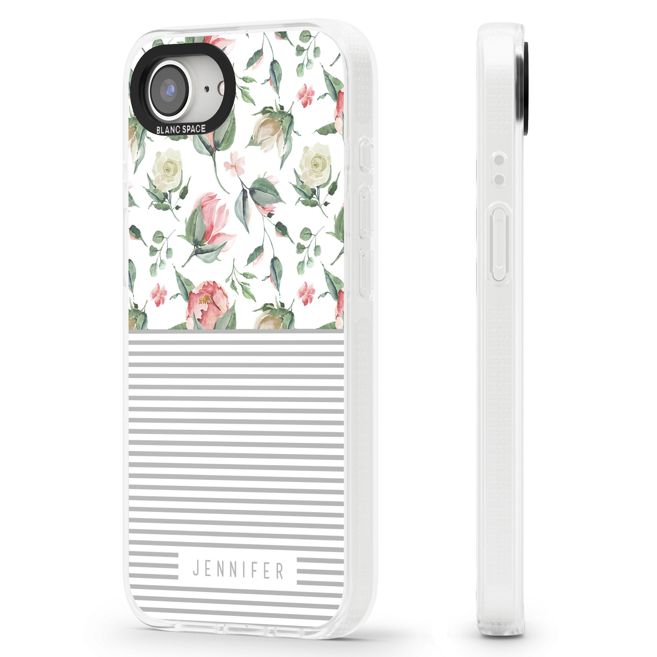 Personalised Light Floral Pattern & Stripes iPhone 16e Clear Case Impact Air - Blanc Space