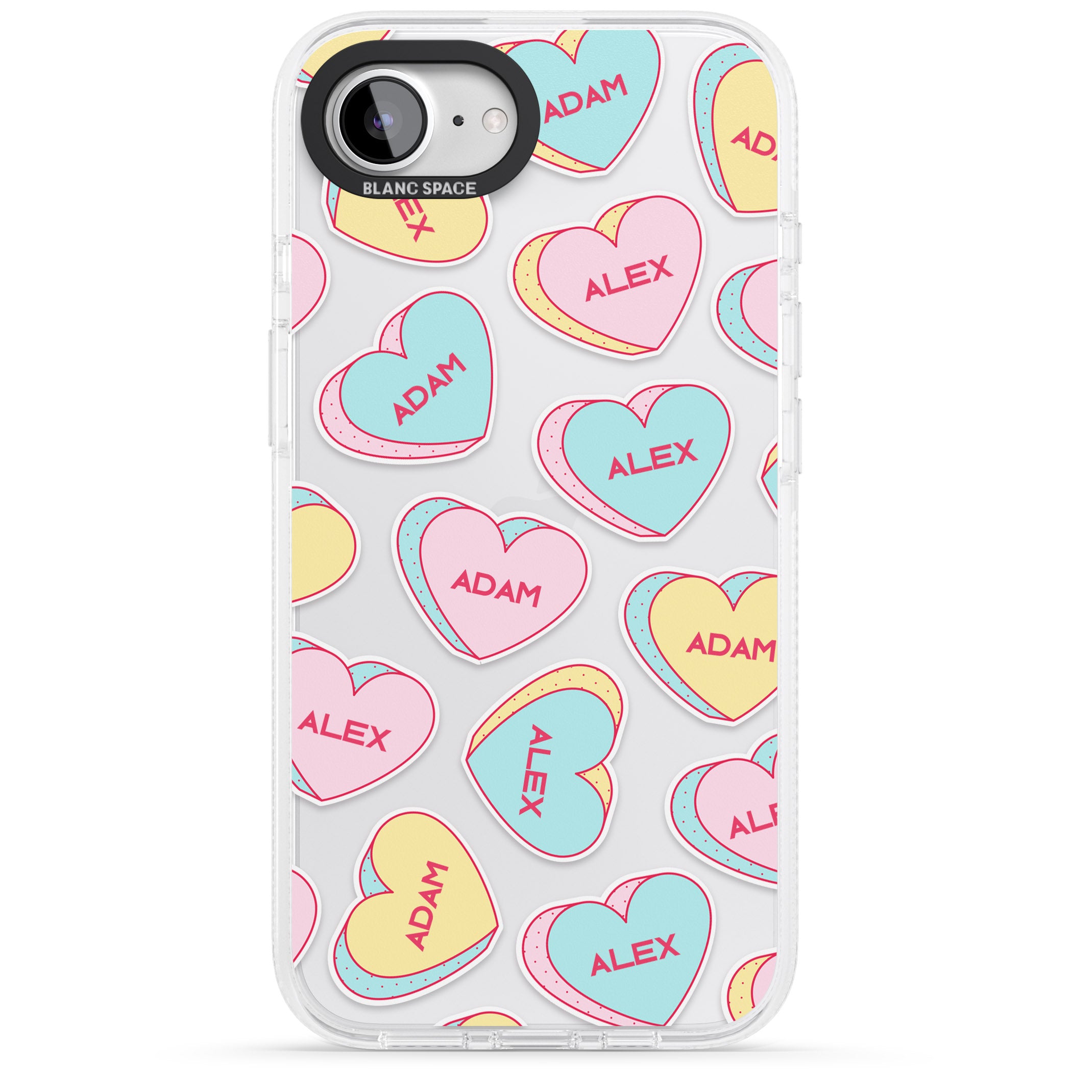 Personalised Text Love Hearts iPhone 16e Clear Case Impact Air - Blanc Space