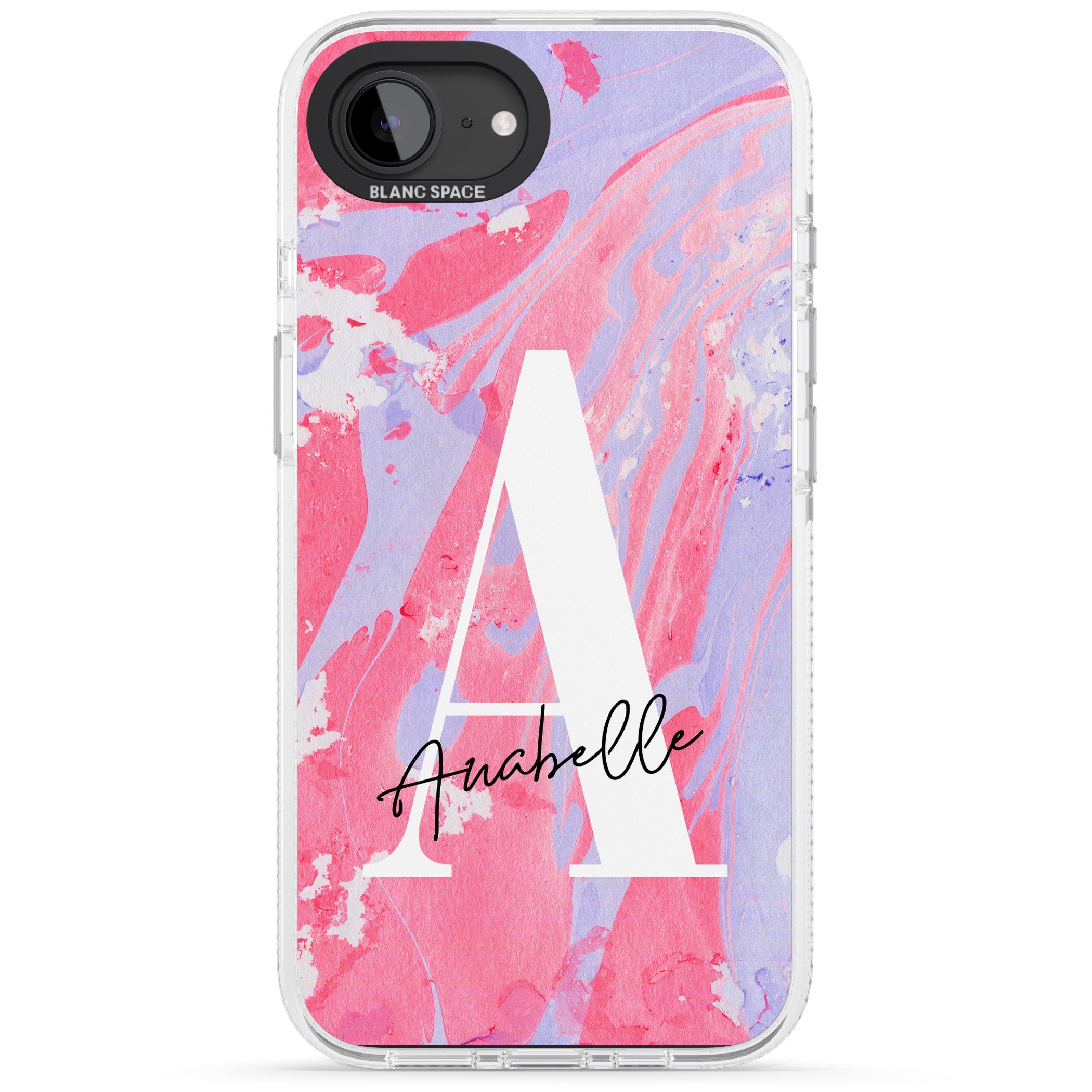 Personalised Pink & Purple - Marble iPhone 16e Clear Case Impact Air - Blanc Space