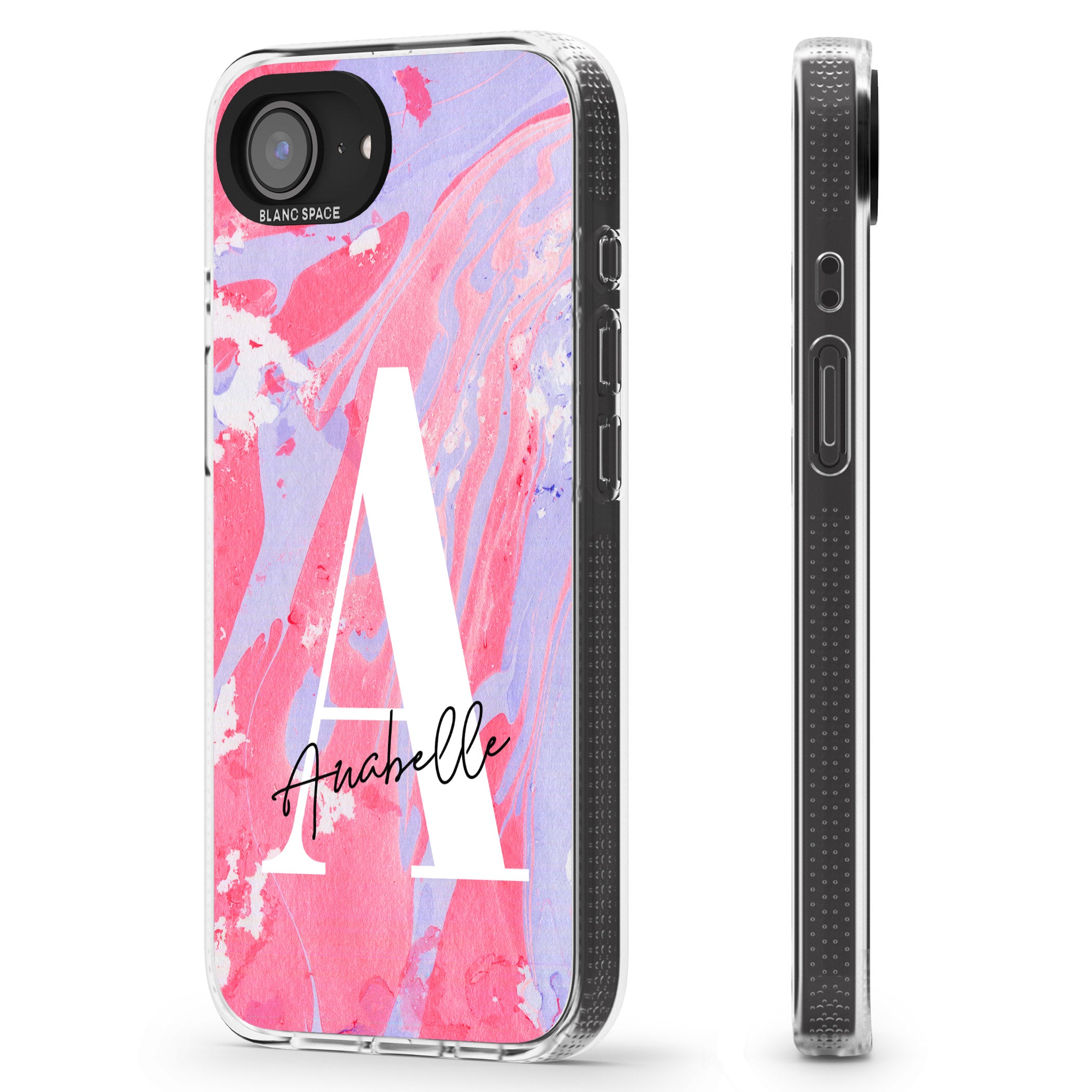 Personalised Pink & Purple - Marble iPhone 16e Clear Case Impact Air - Blanc Space