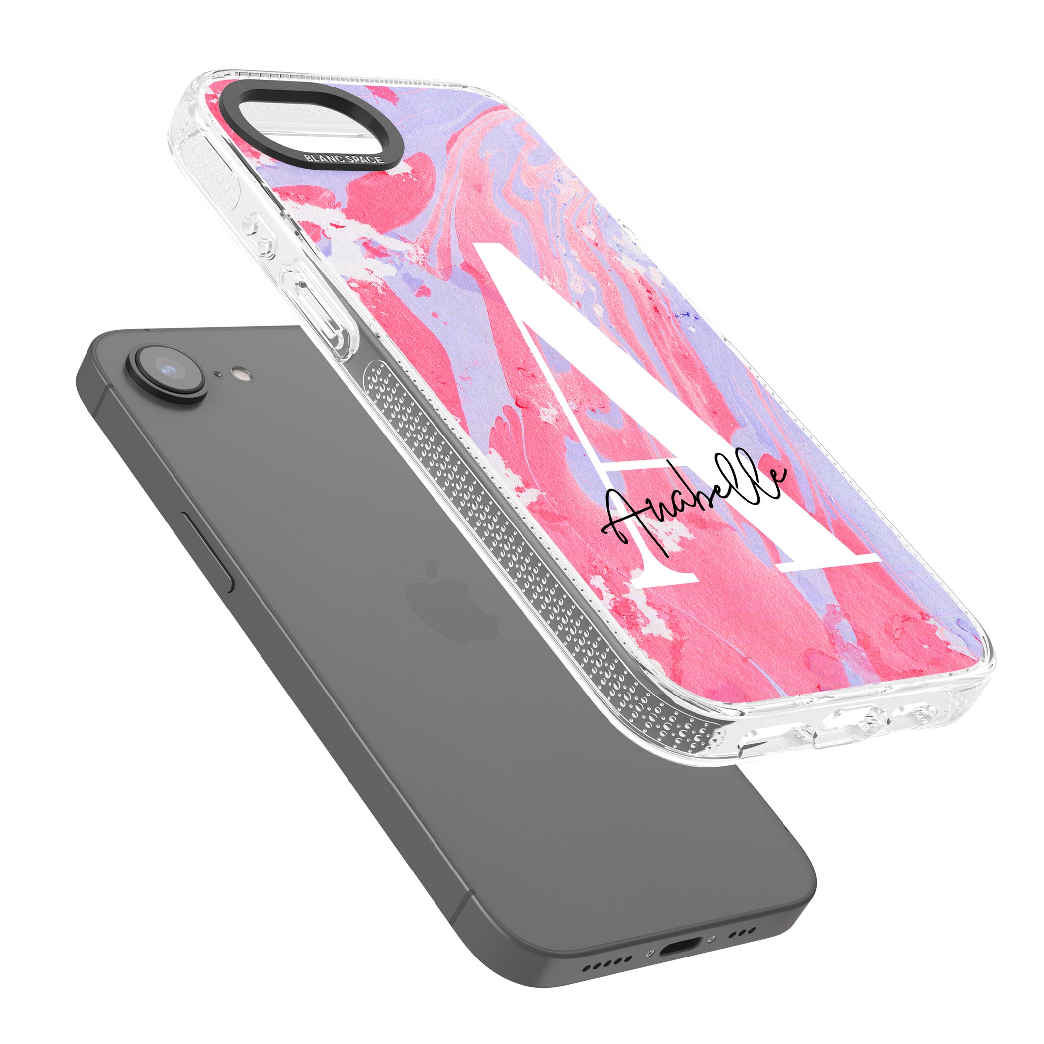 Personalised Pink & Purple - Marble iPhone 16e Clear Case Impact Air - Blanc Space