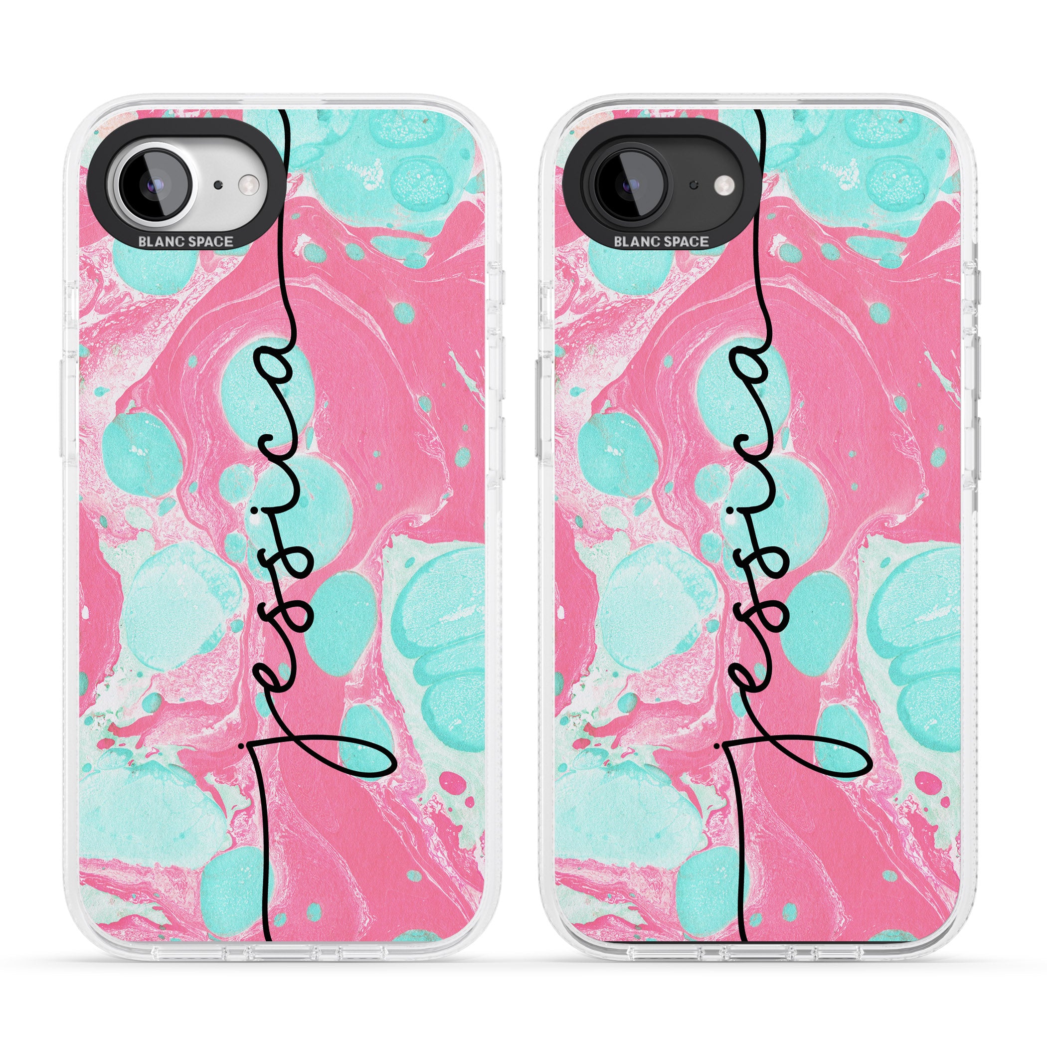 Personalised Turquoise & Pink - Marbled iPhone 16e Clear Case Impact Air - Blanc Space