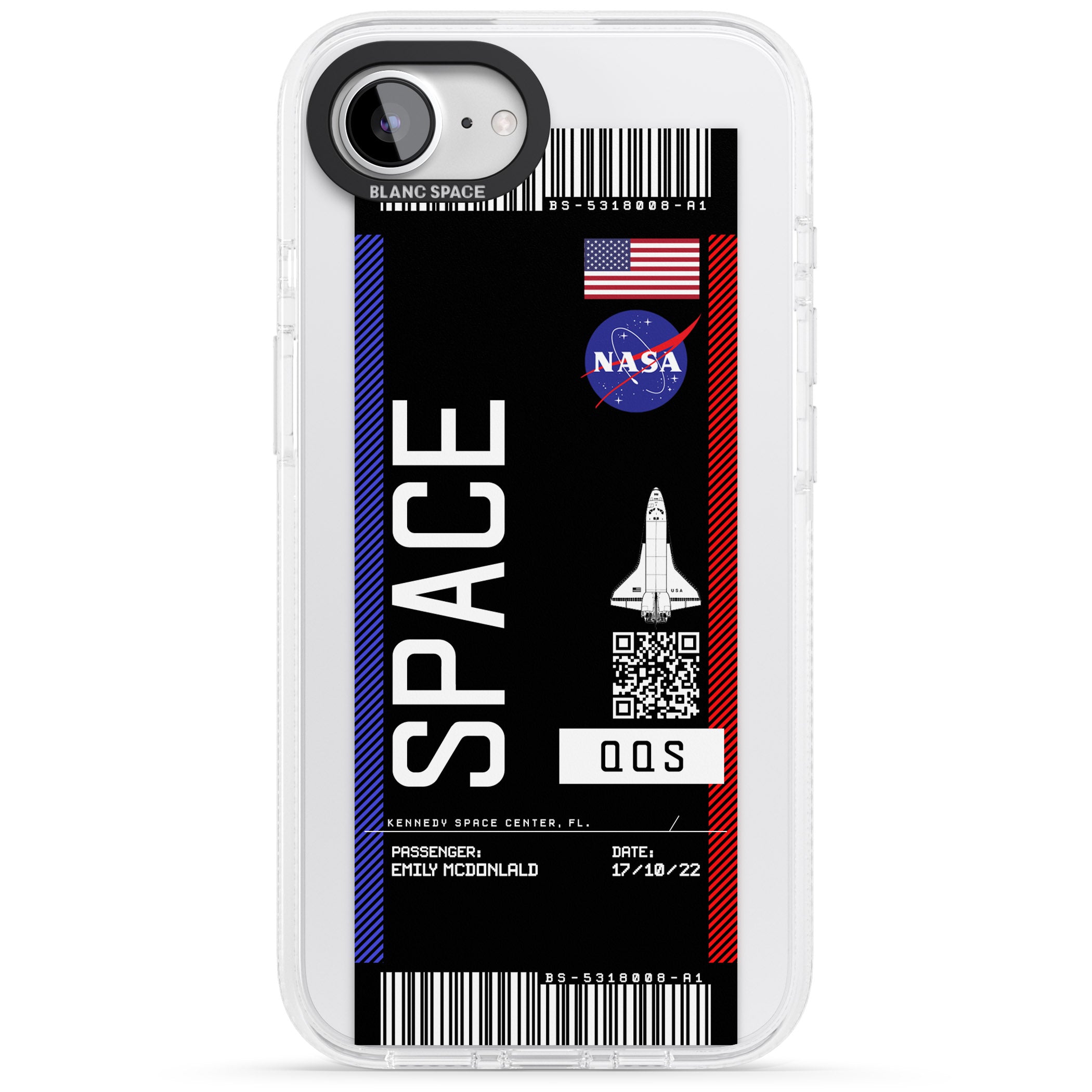 Personalised NASA Boarding Pass (Dark) iPhone 16e Clear Case Impact Air - Blanc Space