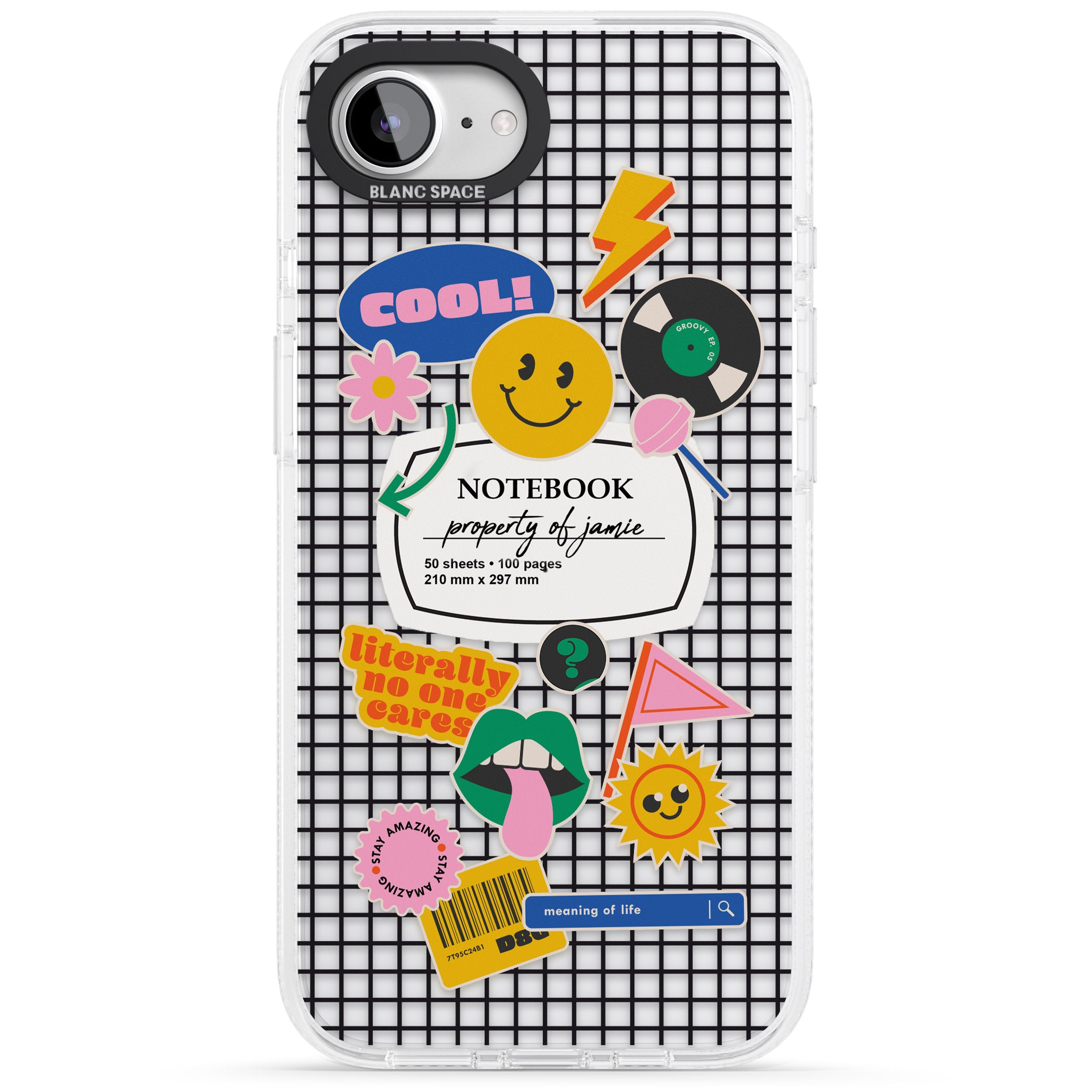 Personalised Sticker Mix on Grid iPhone 16e Clear Case Impact Air - Blanc Space