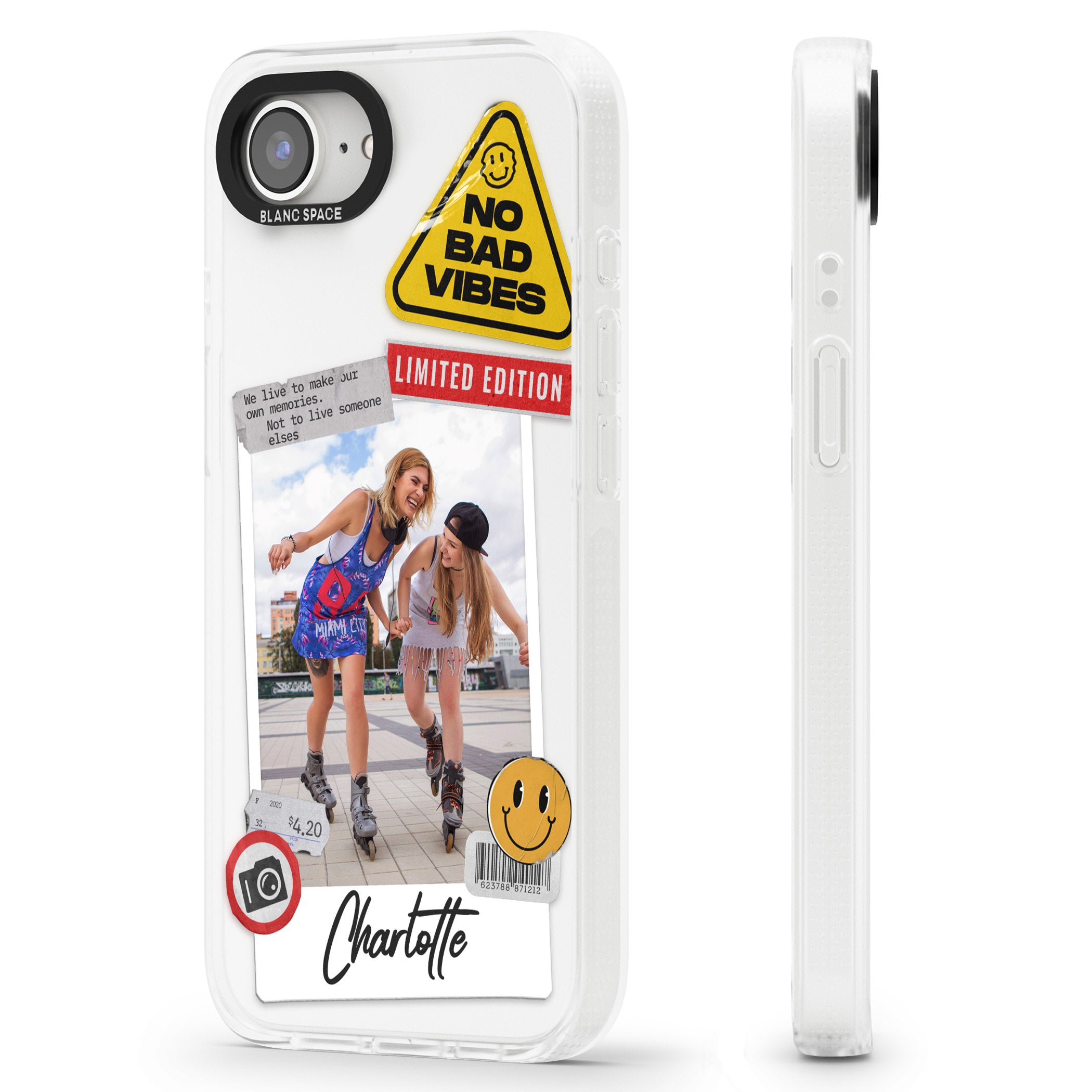 Personalised Sticker Mix Instant Photo iPhone 16e Clear Case Impact Air - Blanc Space