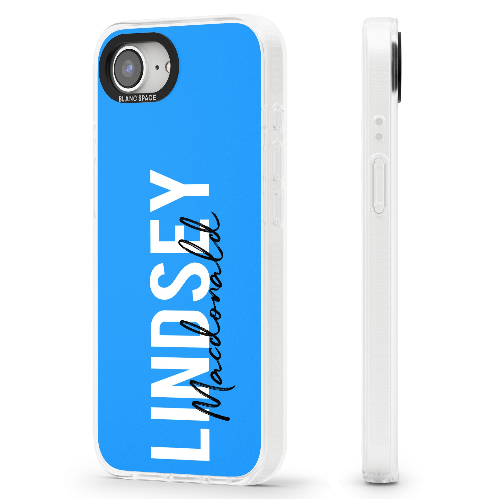 Personalised Bold Name: Blue iPhone 16e Clear Case Impact Air - Blanc Space