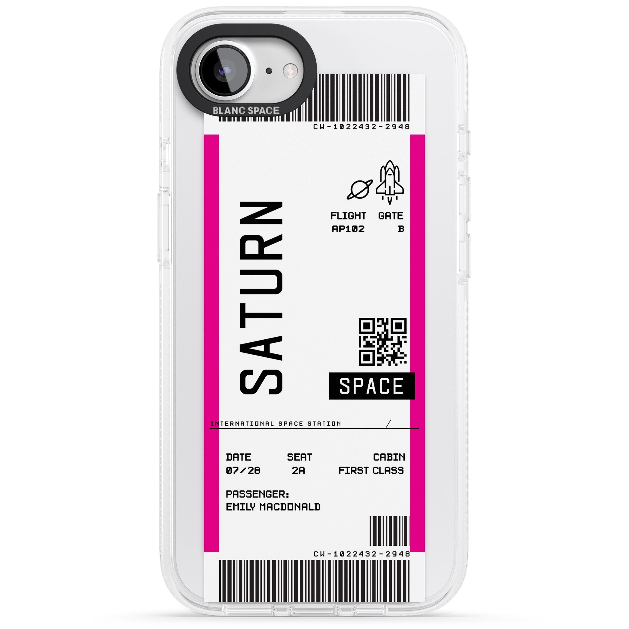 Personalised Saturn Space Travel Ticket iPhone 16e Clear Case Impact Air - Blanc Space