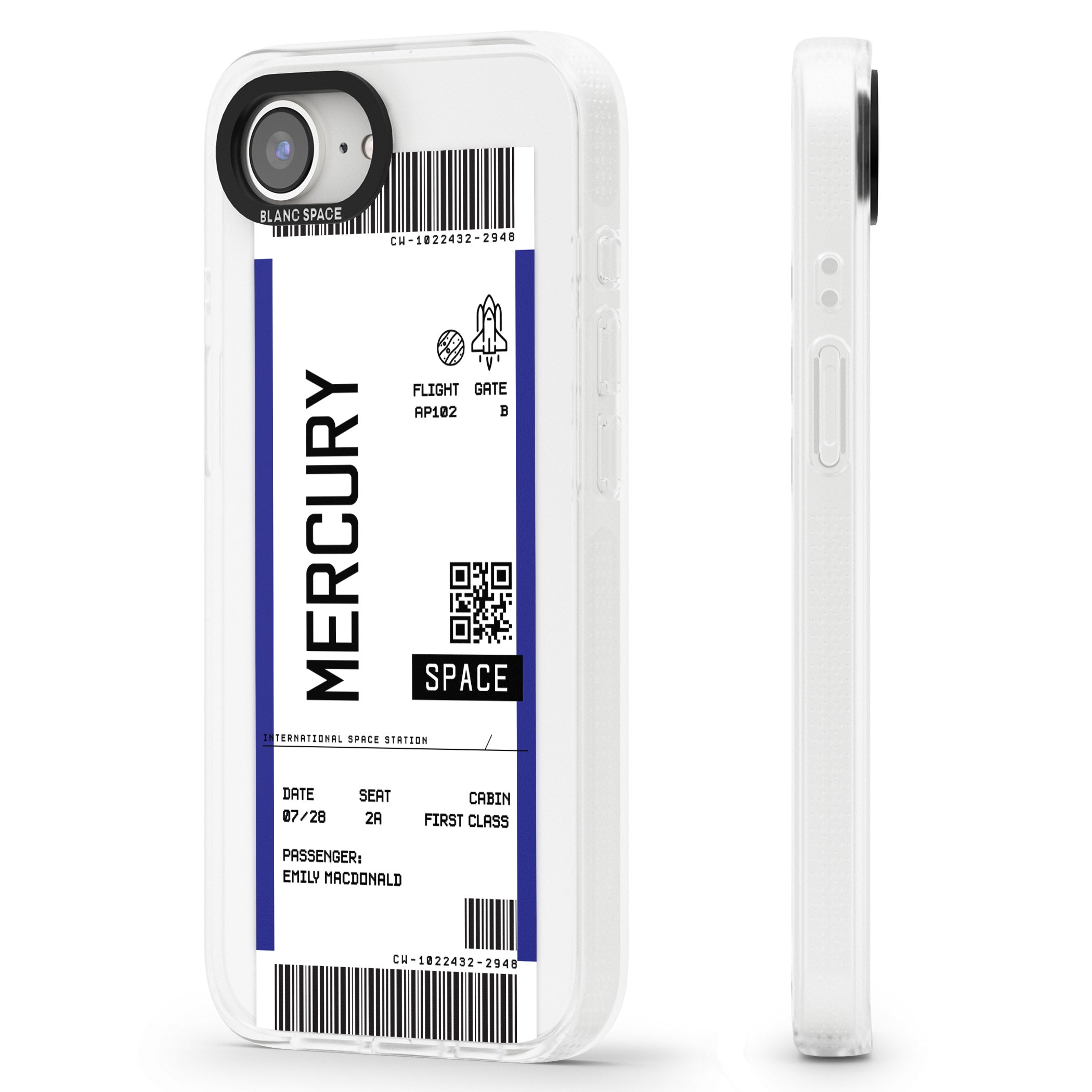 Personalised Mercury Space Travel Ticket iPhone 16e Clear Case Impact Air - Blanc Space