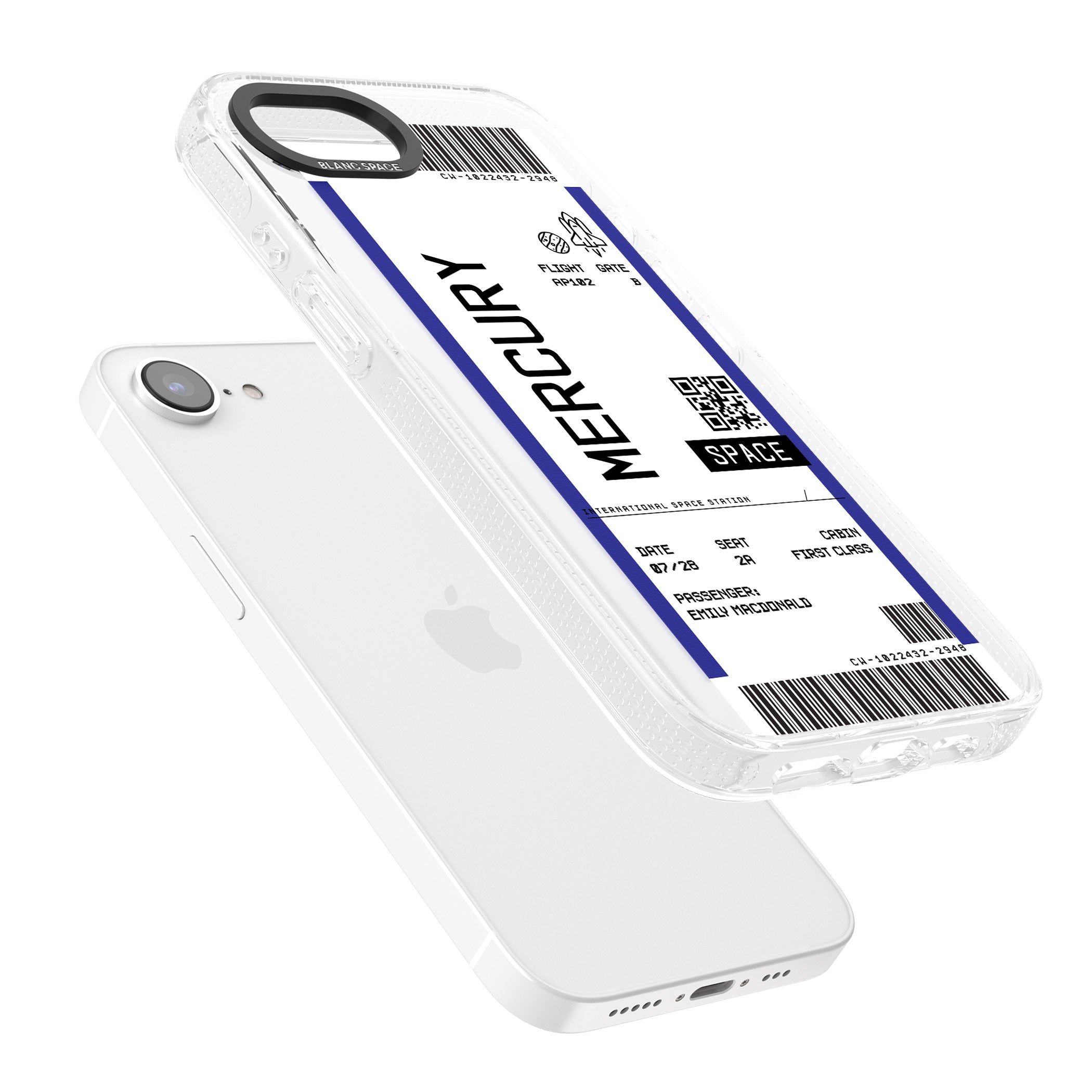 Personalised Mercury Space Travel Ticket iPhone 16e Clear Case Impact Air - Blanc Space