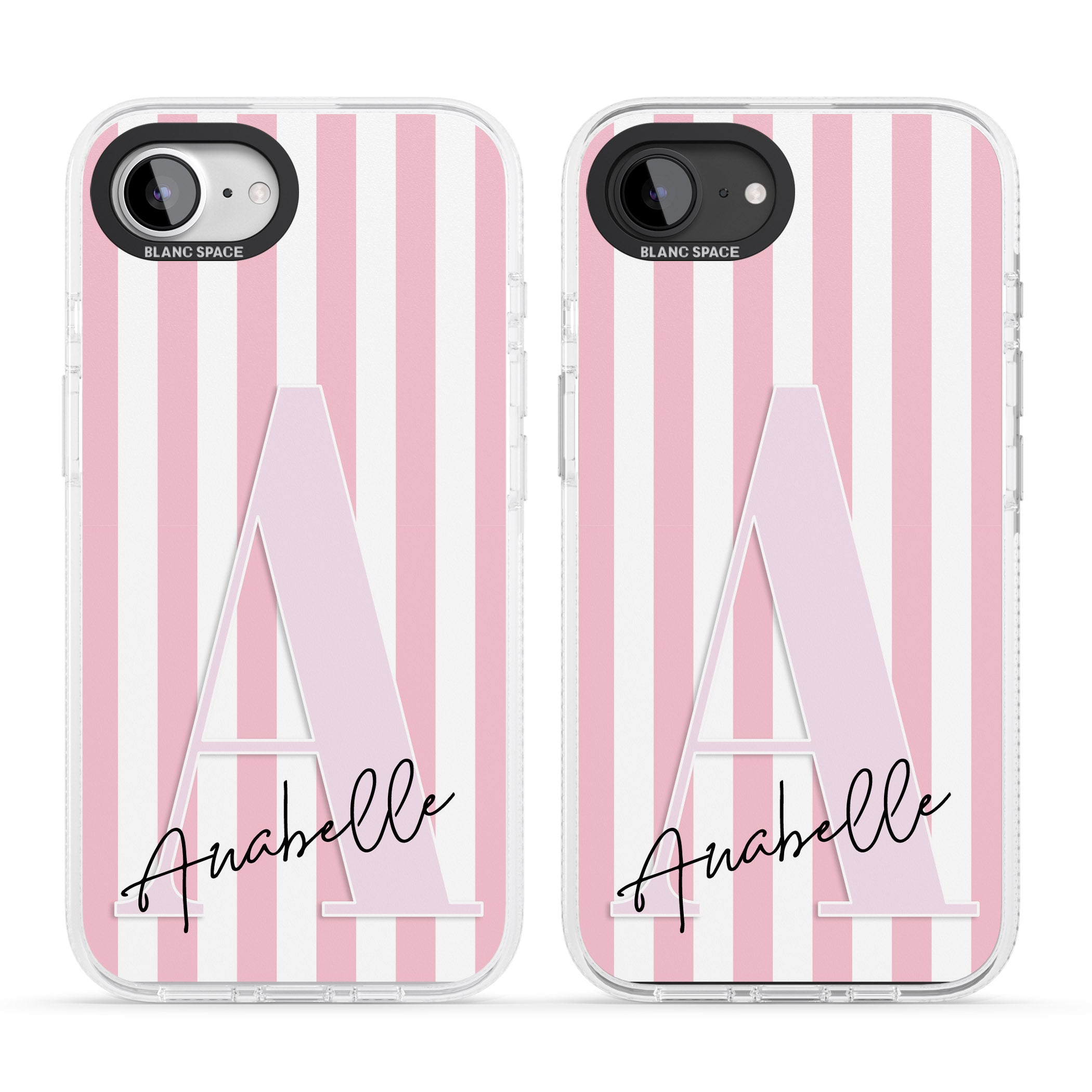 Personalised Pink Stripes & Large Monogram iPhone 16e Clear Case Impact Air - Blanc Space