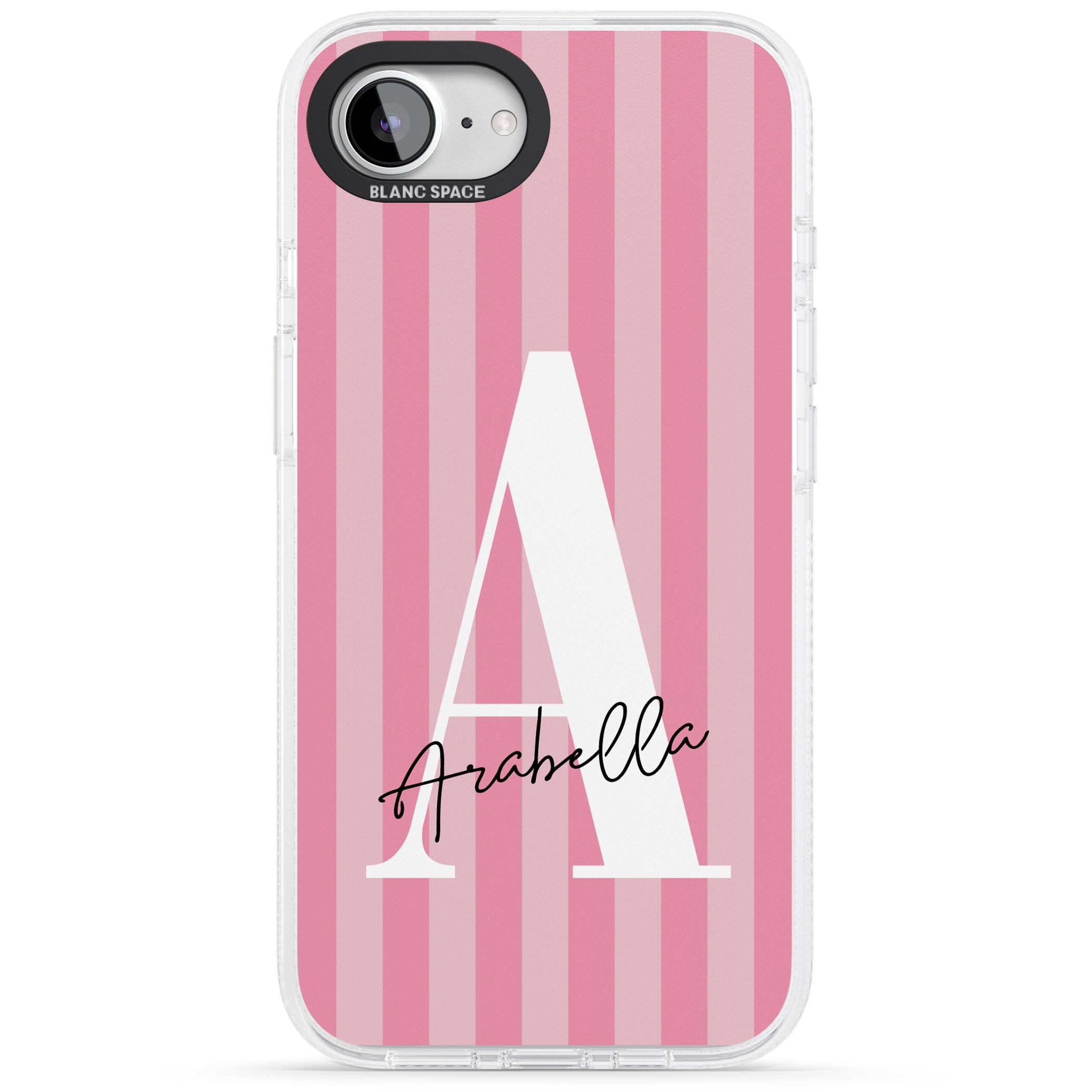 Personalised Pink on Pink Stripes iPhone 16e Clear Case Impact Air - Blanc Space