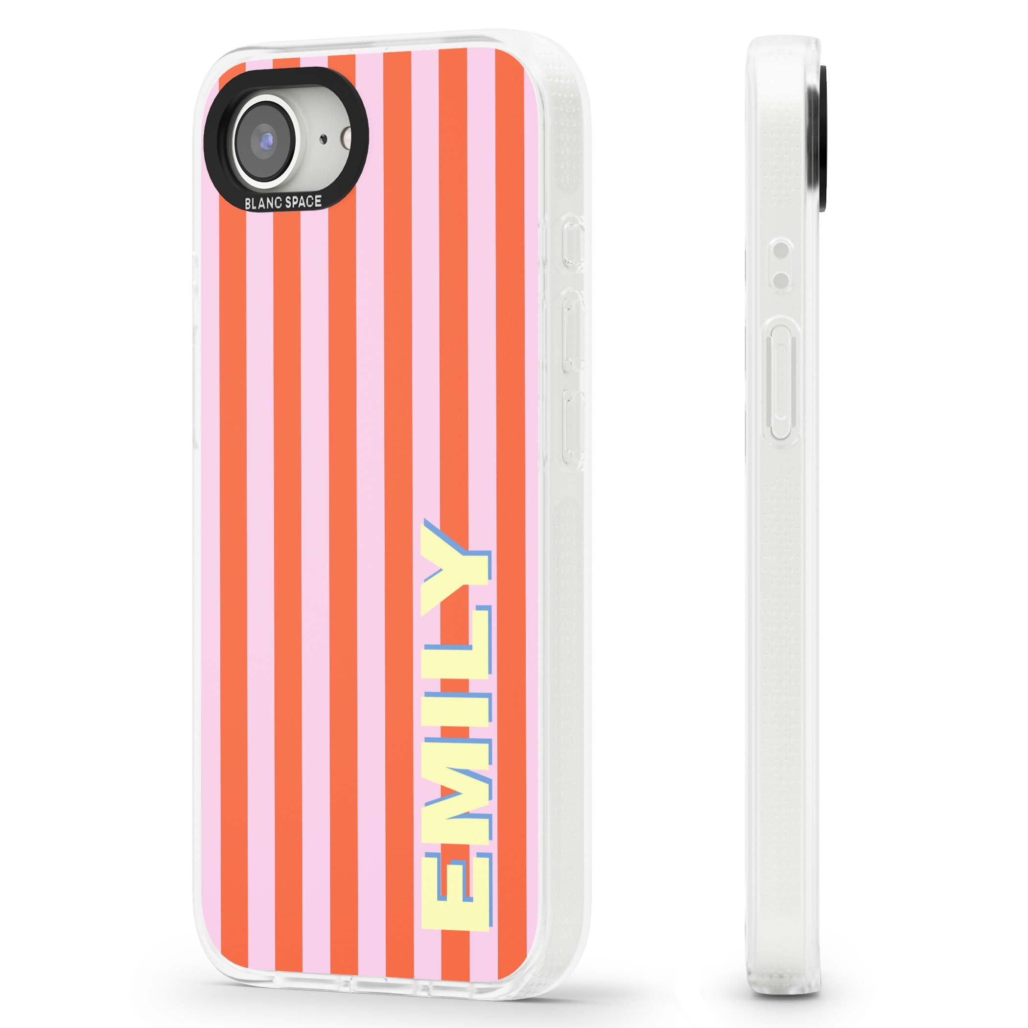 Havana Stripe personalised iPhone case featuring pink and orange vertical stripes with a custom yellow name | Clear Case Impact Air case for iPhone 16e, iPhone 17e