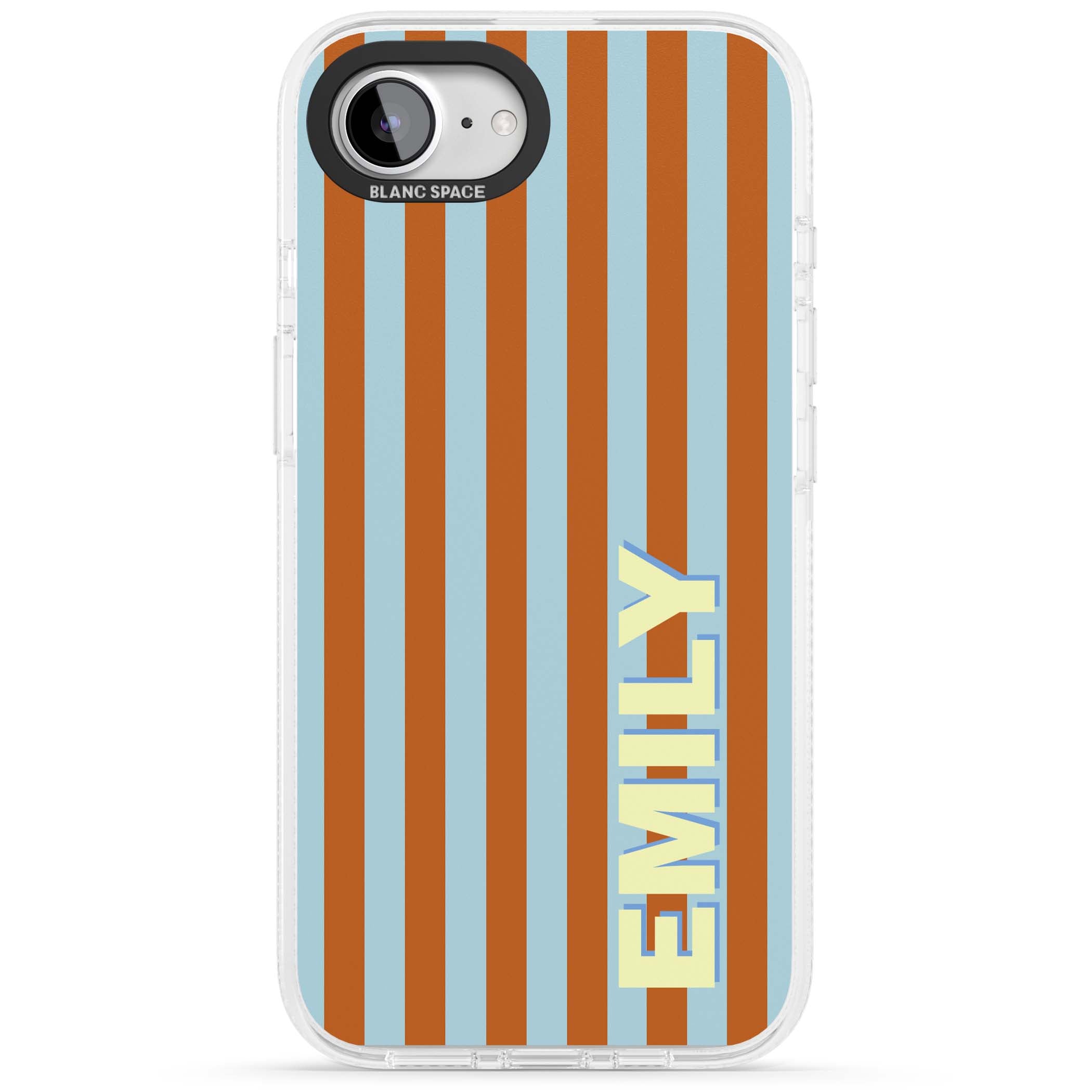 Cappadocia Stripe personalised coastal iPhone case featuring blue and orange vertical stripes with custom cream name | Clear Case Impact Air case for iPhone 16e, iPhone 17e