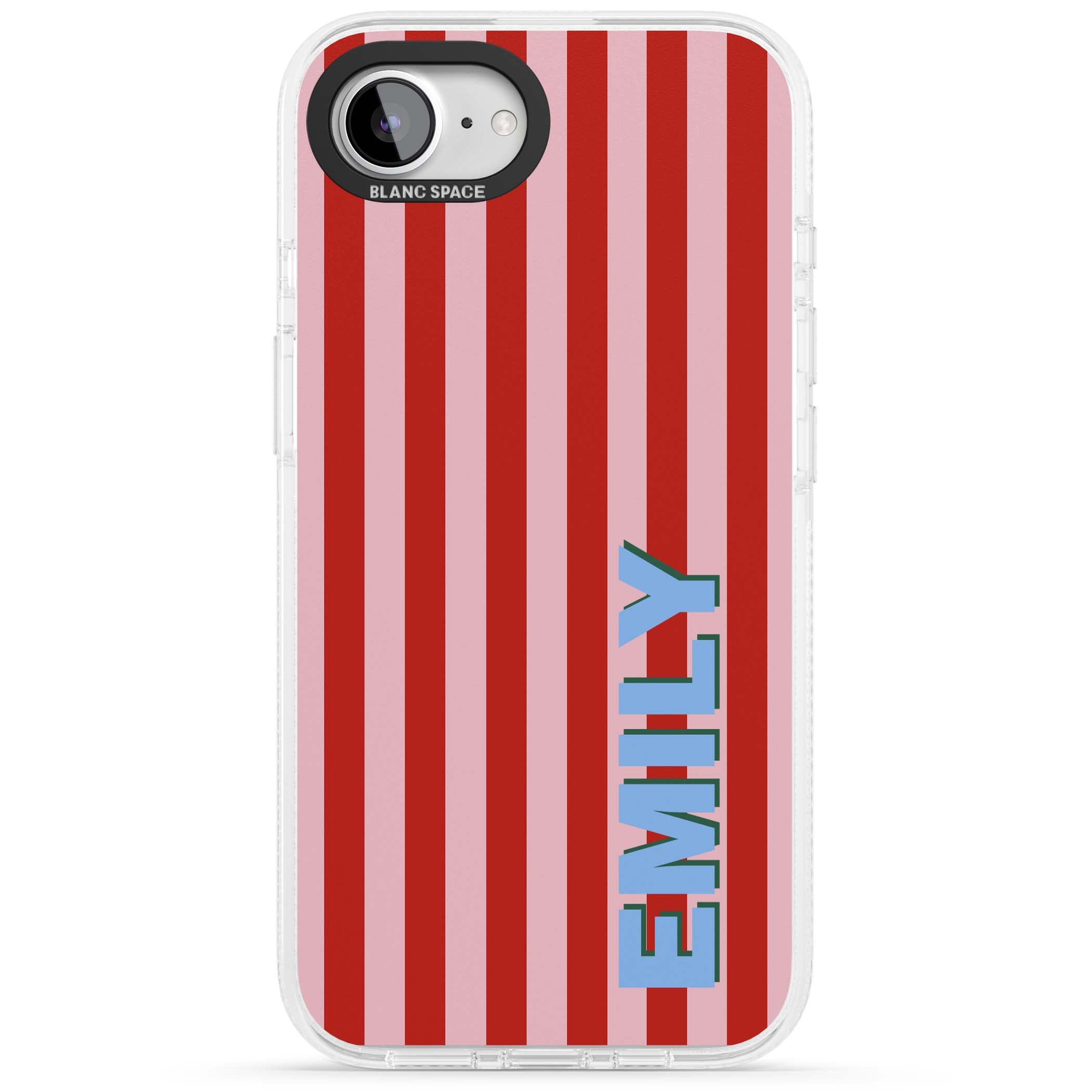 Market Stripe personalised iPhone case with red and pink vertical stripes and custom blue name | Clear Case Impact Air case for iPhone 16e, iPhone 17e