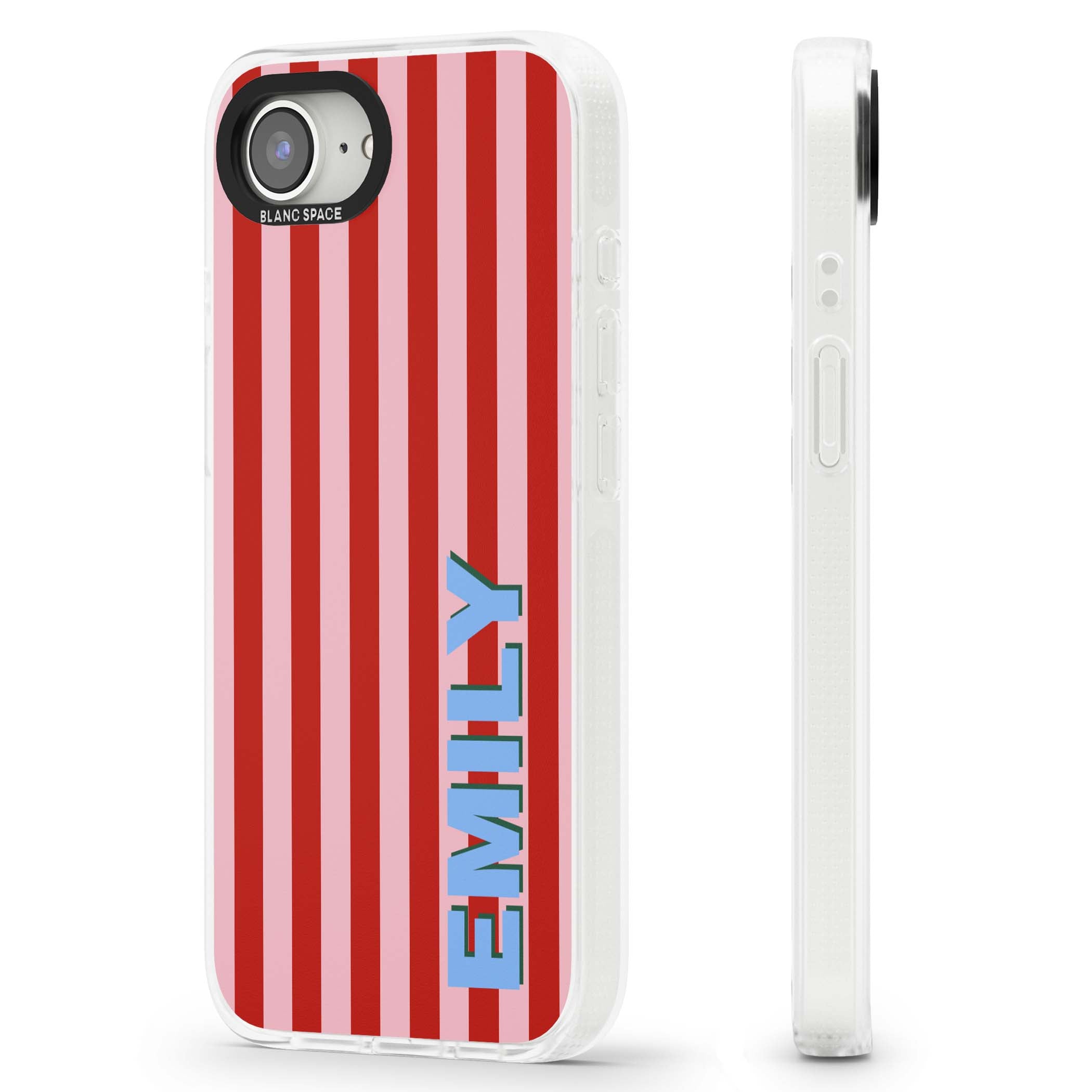 Market Stripe personalised iPhone case with red and pink vertical stripes and custom blue name | Clear Case Impact Air case for iPhone 16e, iPhone 17e