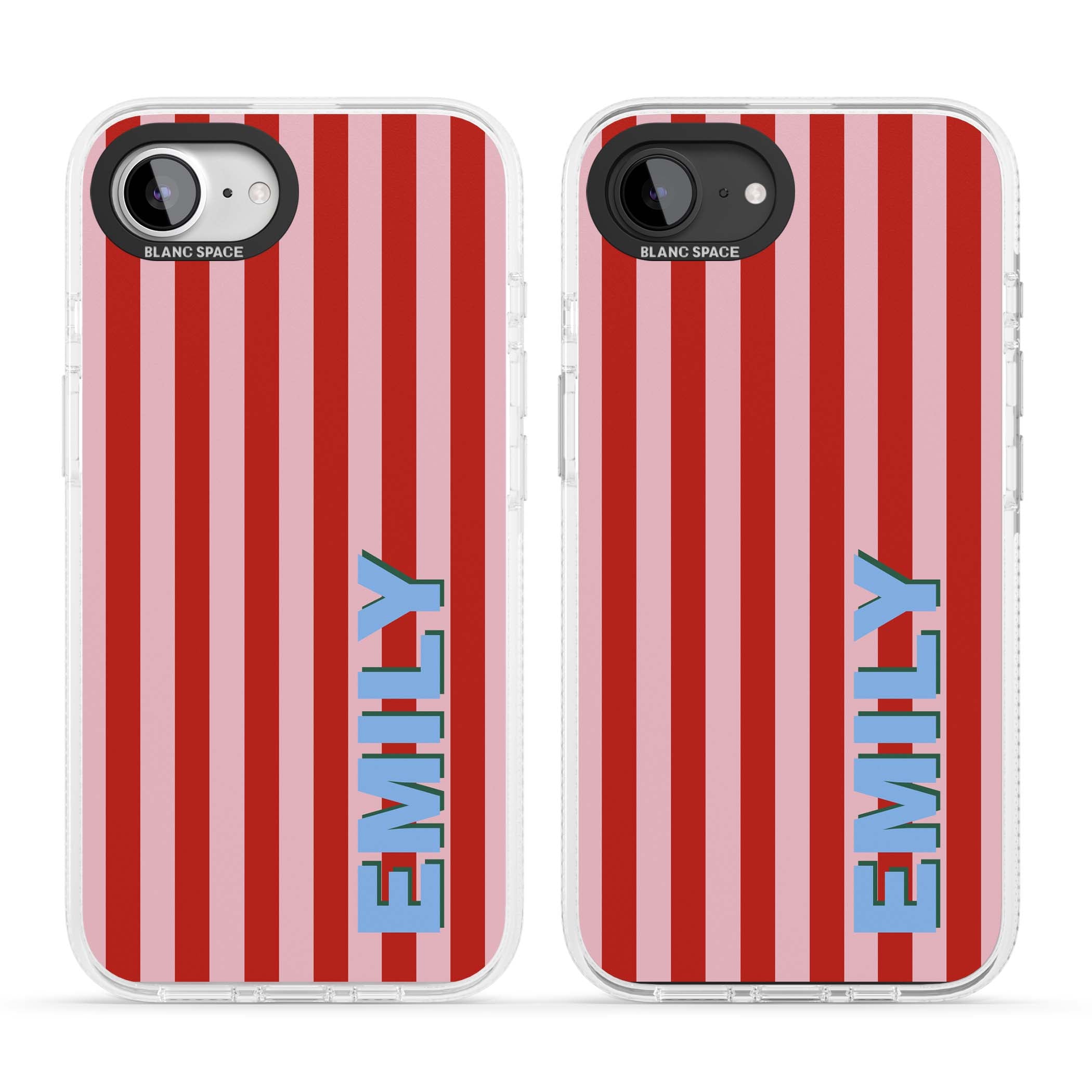 Market Stripe personalised iPhone case with red and pink vertical stripes and custom blue name | Clear Case Impact Air case for iPhone 16e, iPhone 17e