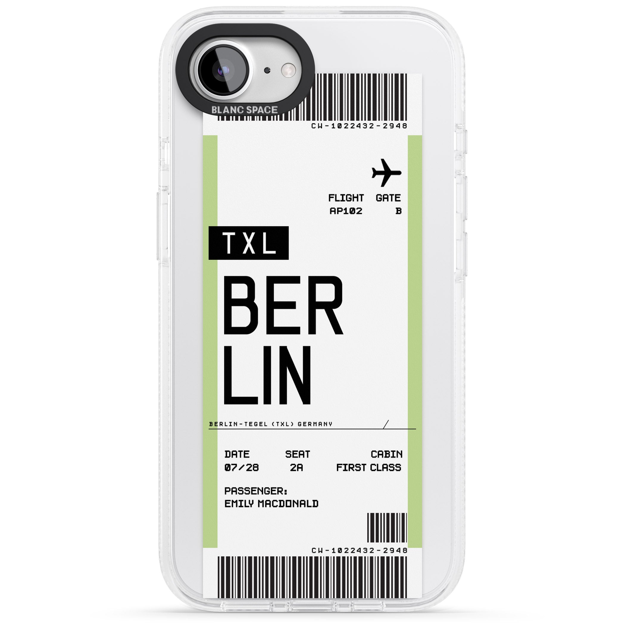 Personalised Berlin Boarding Pass iPhone 16e Clear Case Impact Air - Blanc Space