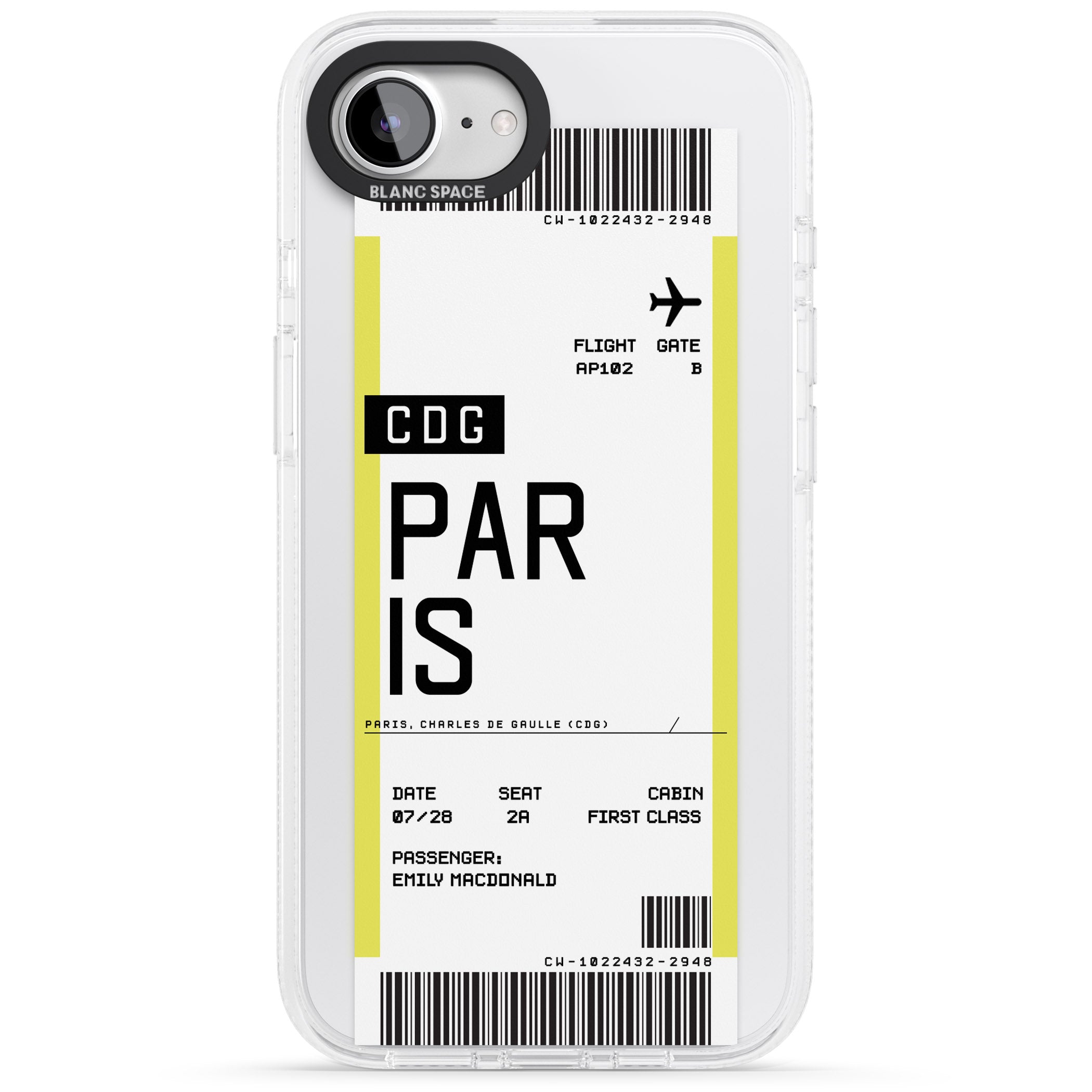 Personalised Paris Boarding Pass iPhone 16e Clear Case Impact Air - Blanc Space