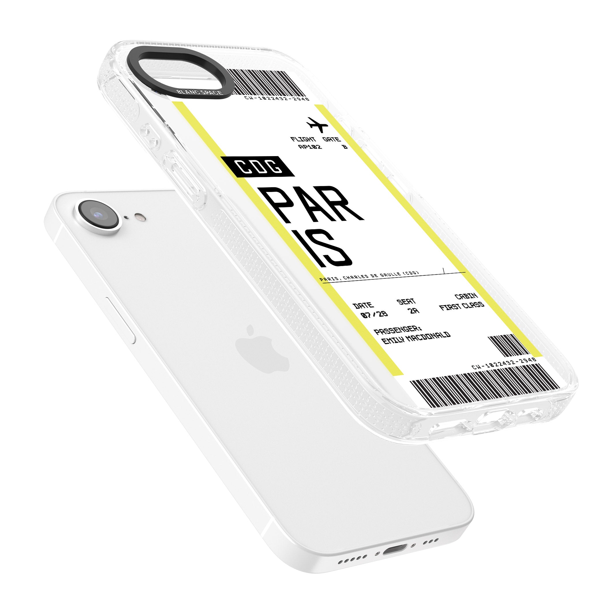 Personalised Paris Boarding Pass iPhone 16e Clear Case Impact Air - Blanc Space