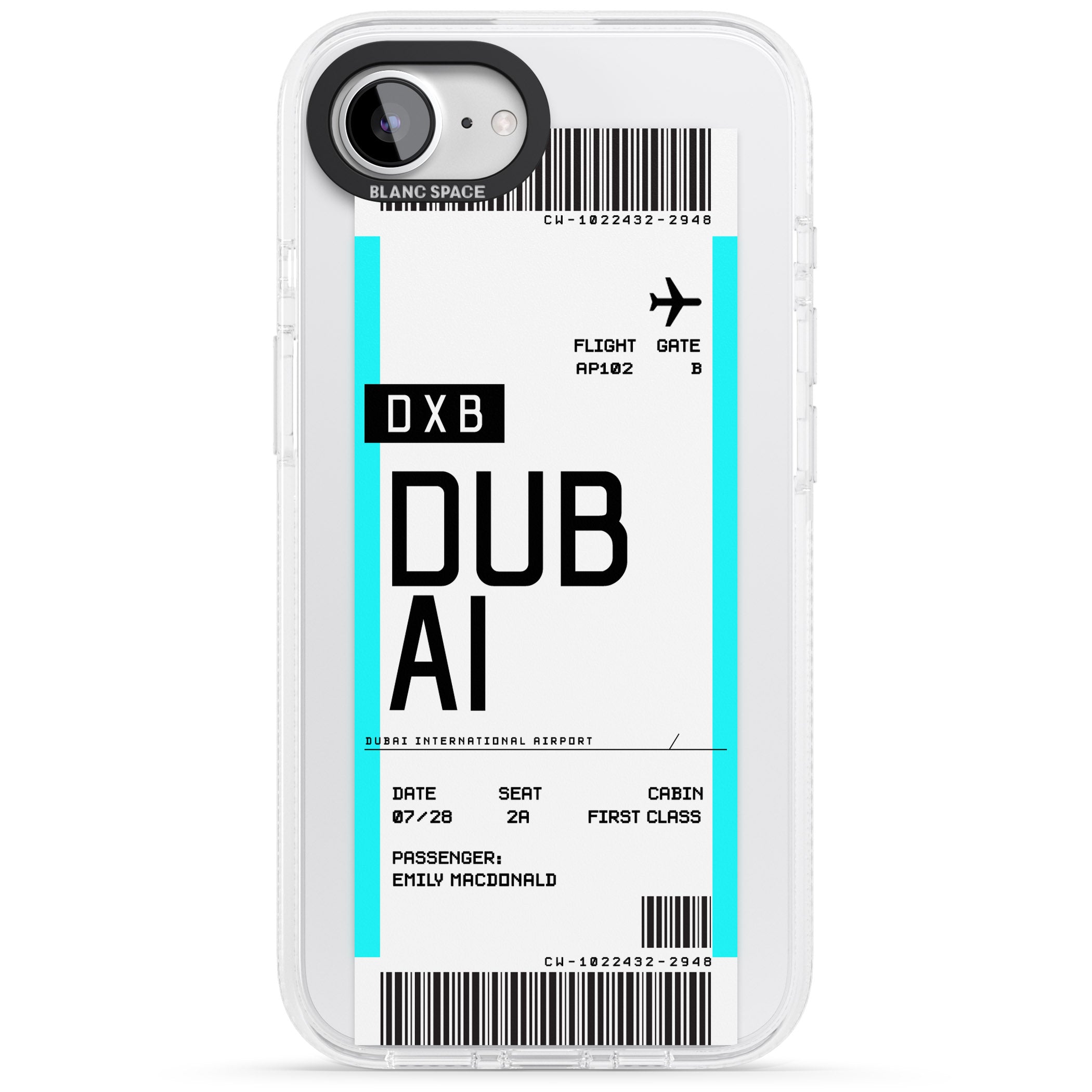 Personalised Dubai Boarding Pass iPhone 16e Clear Case Impact Air - Blanc Space