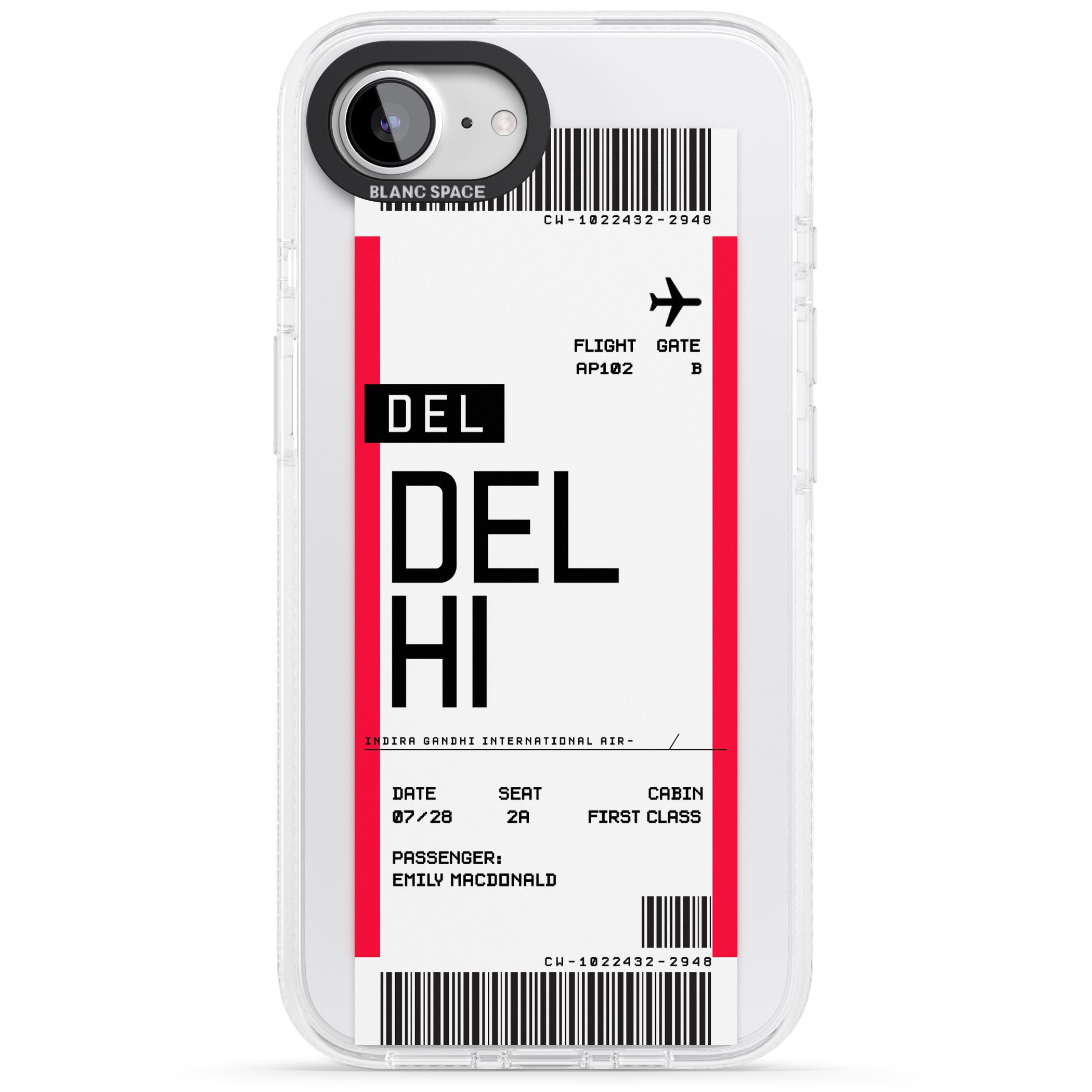 Personalised Delhi Boarding Pass iPhone 16e Clear Case Impact Air - Blanc Space