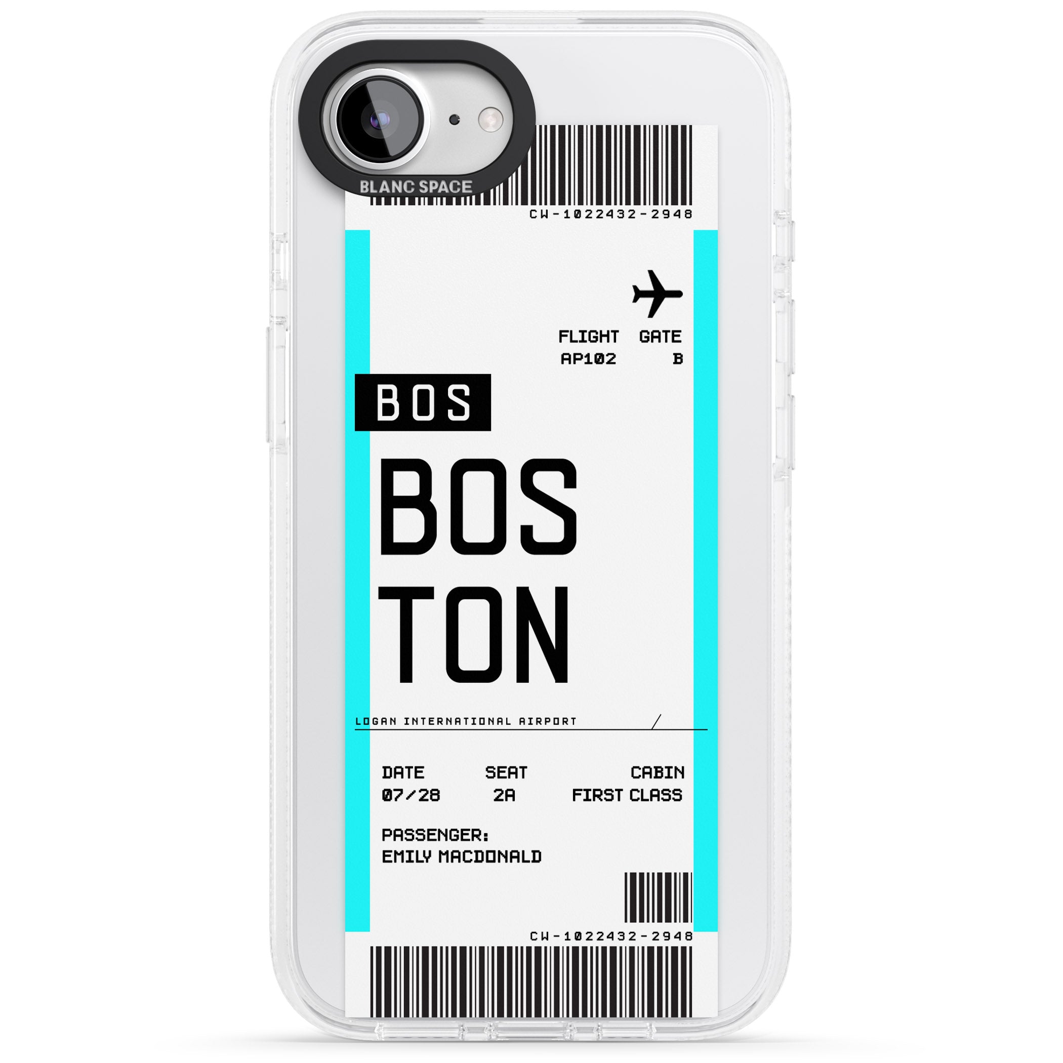 Personalised Boston Boarding Pass iPhone 16e Clear Case Impact Air - Blanc Space