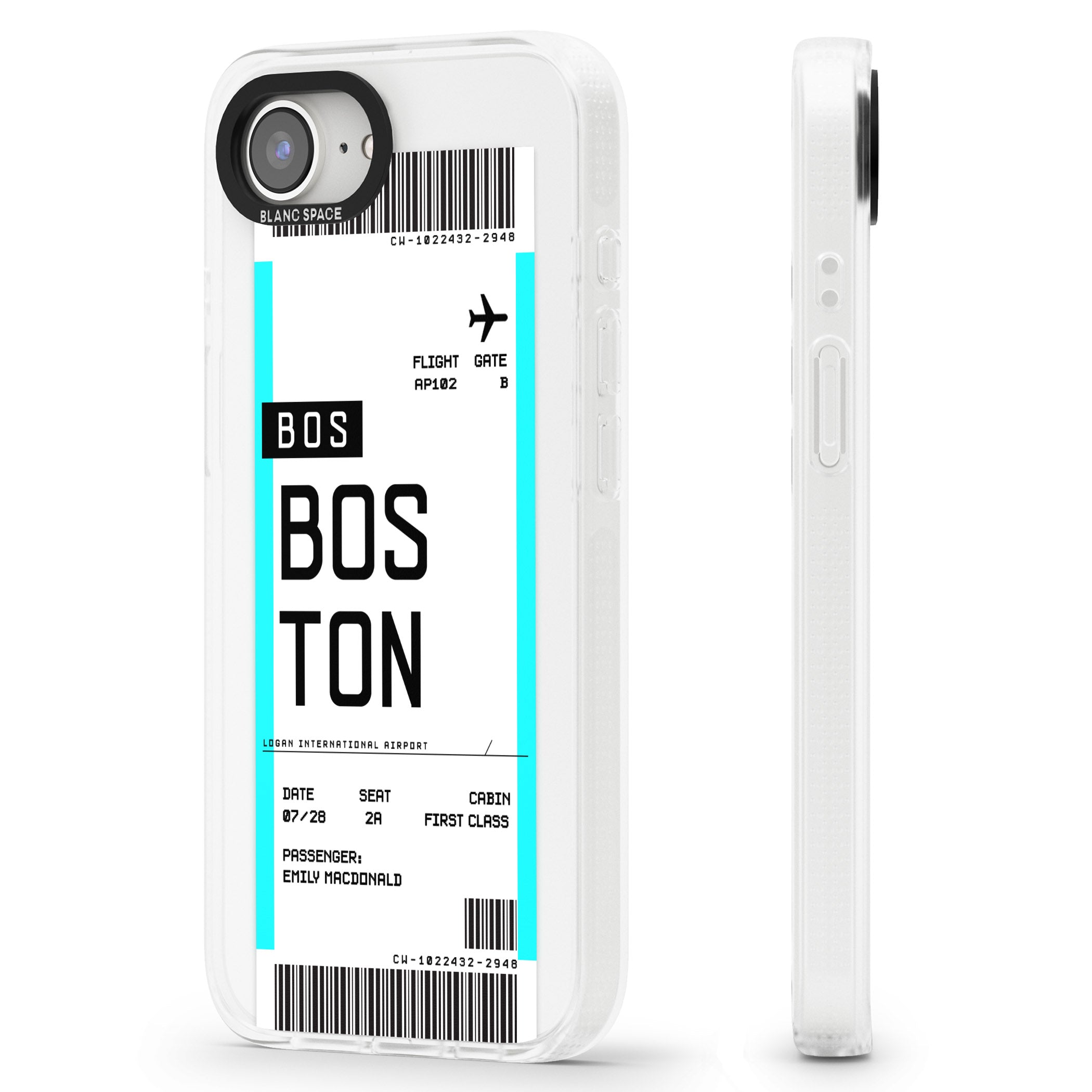 Personalised Boston Boarding Pass iPhone 16e Clear Case Impact Air - Blanc Space