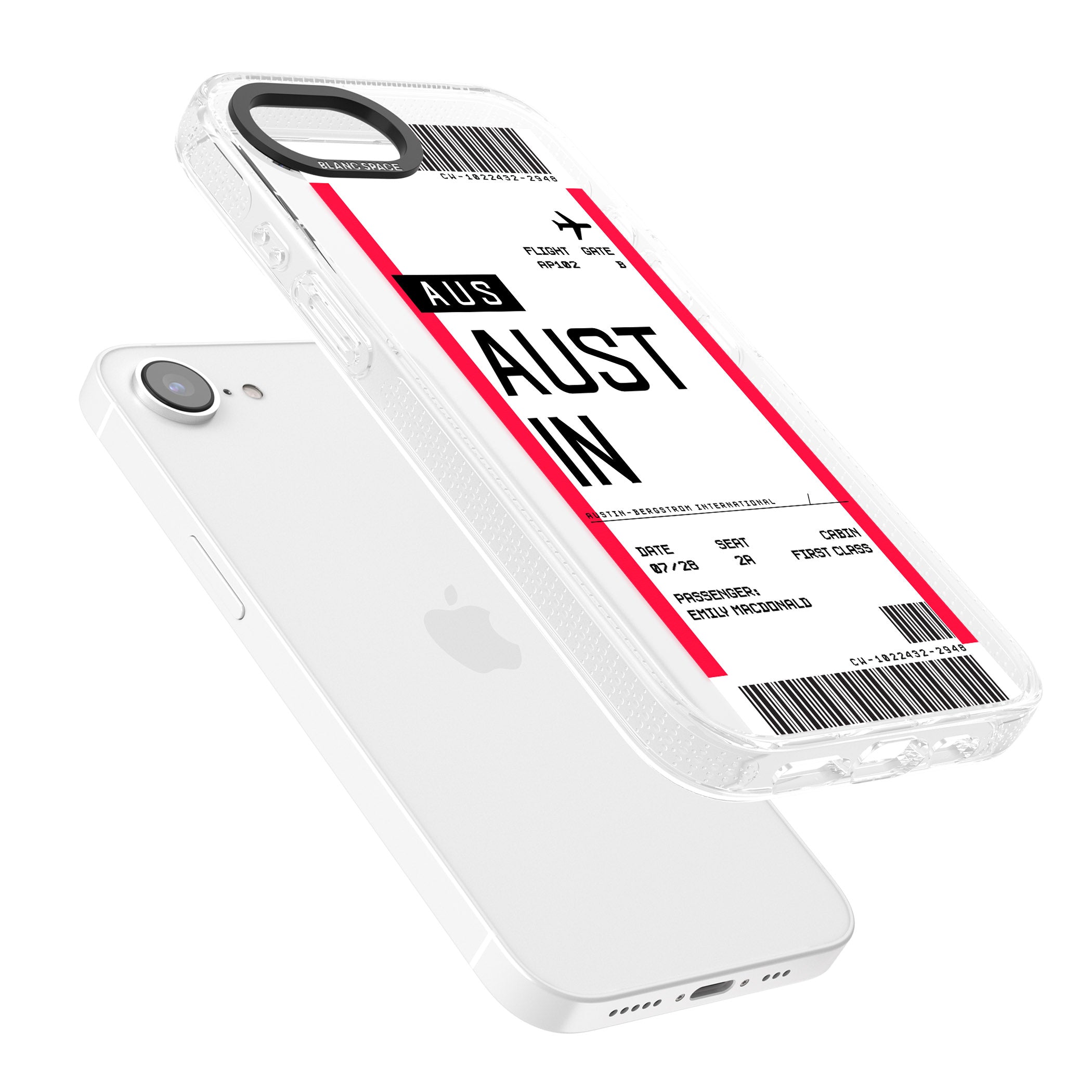 Personalised Austin Boarding Pass iPhone 16e Clear Case Impact Air - Blanc Space