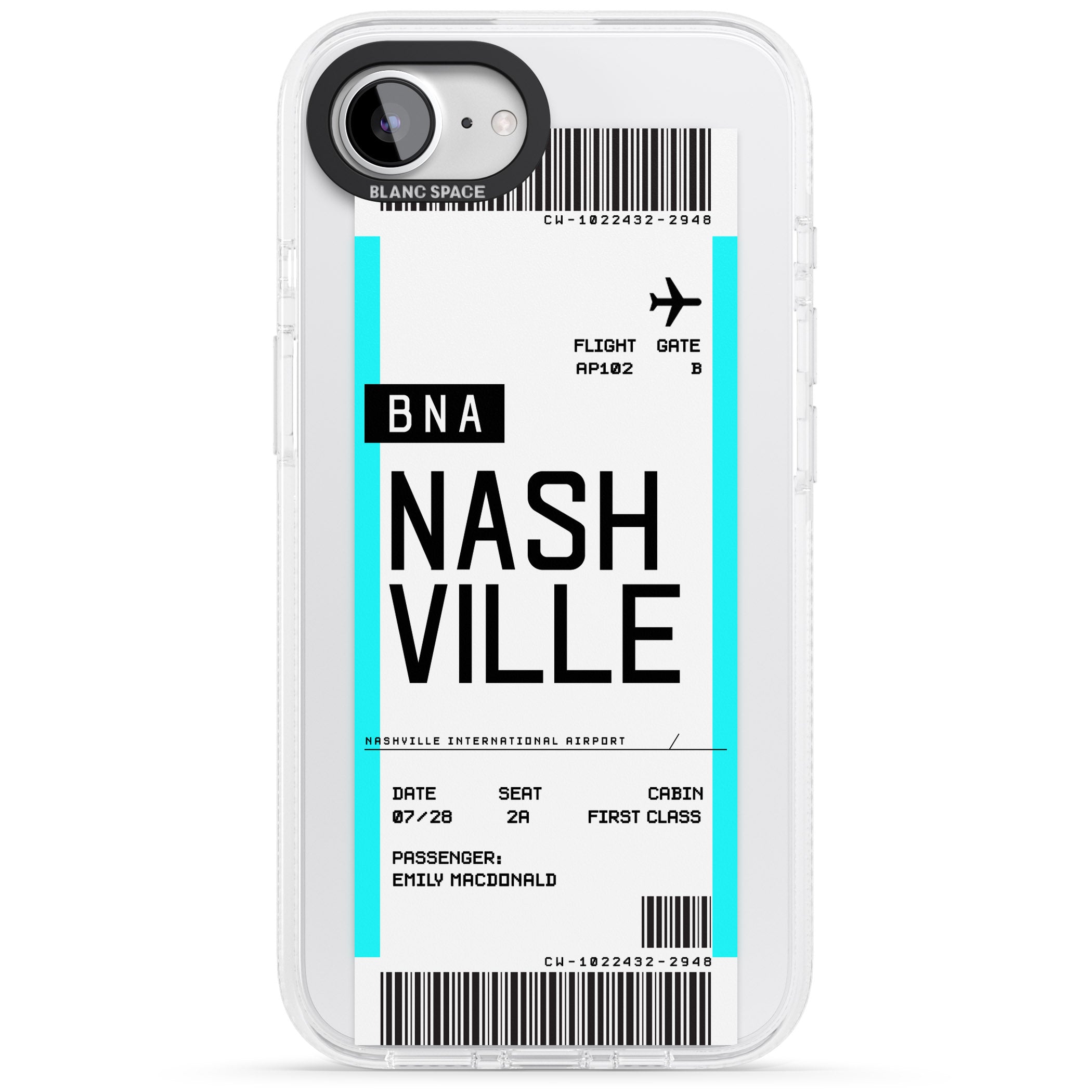 Personalised Nashville Boarding Pass iPhone 16e Clear Case Impact Air - Blanc Space