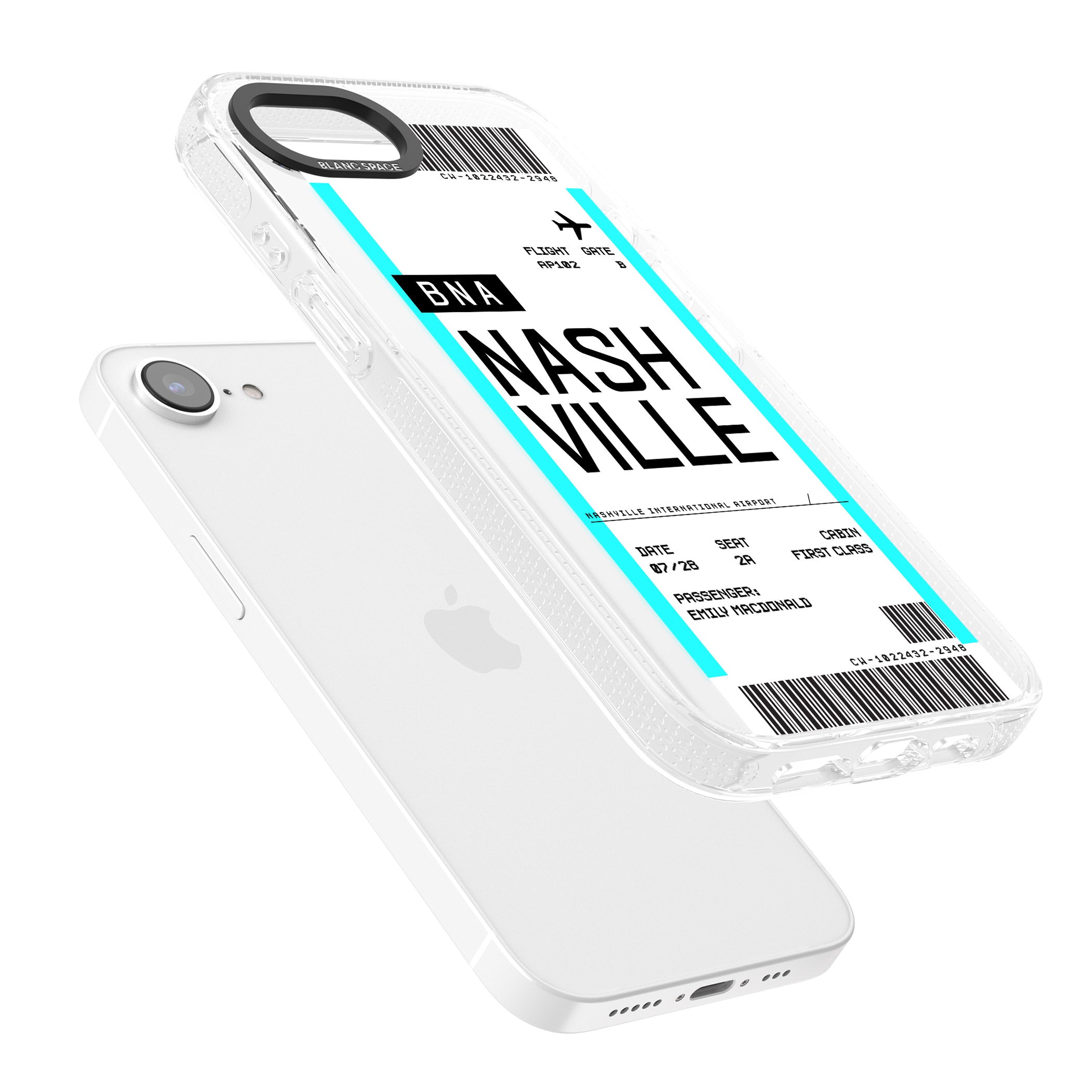Personalised Nashville Boarding Pass iPhone 16e Clear Case Impact Air - Blanc Space