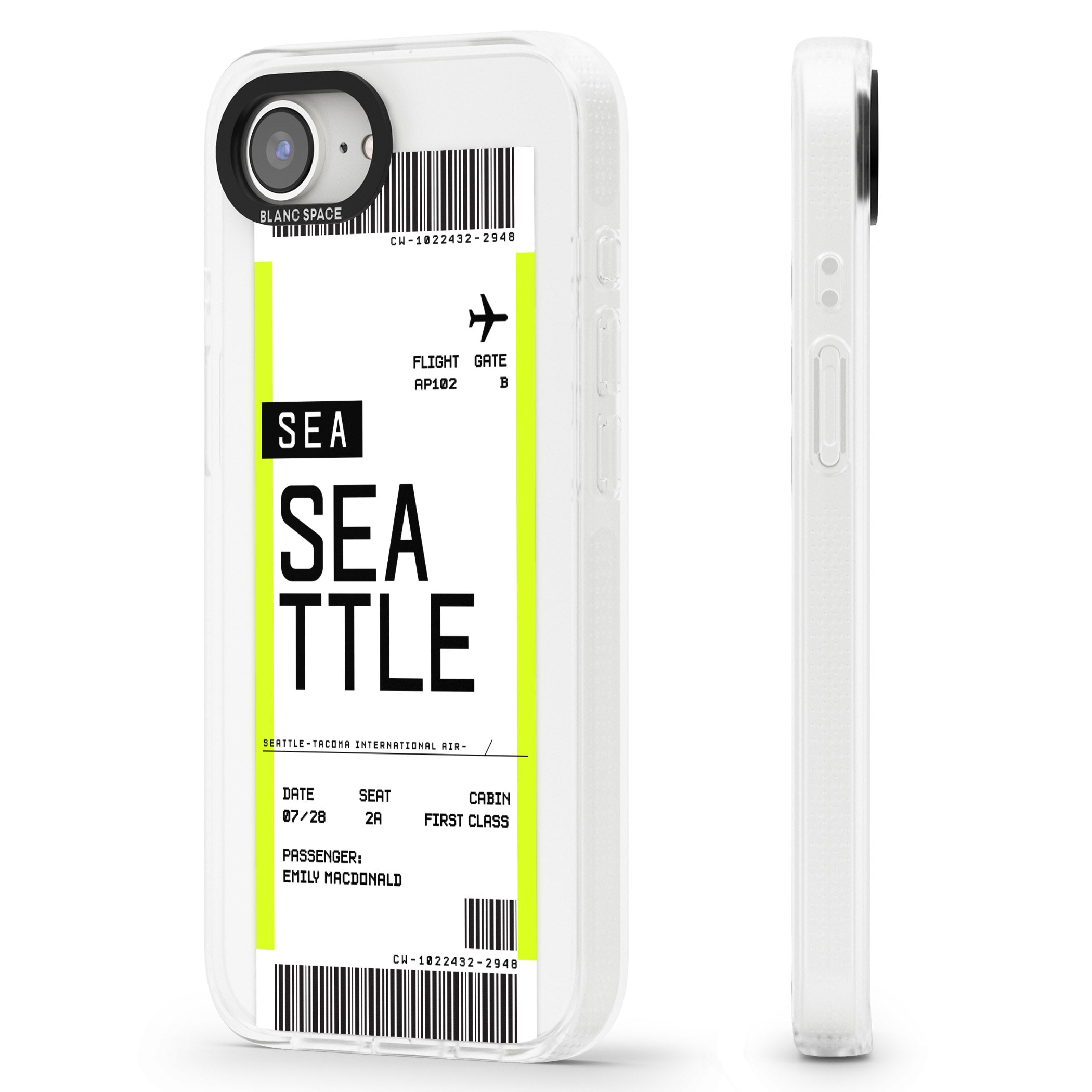 Personalised Seattle Boarding Pass iPhone 16e Clear Case Impact Air - Blanc Space