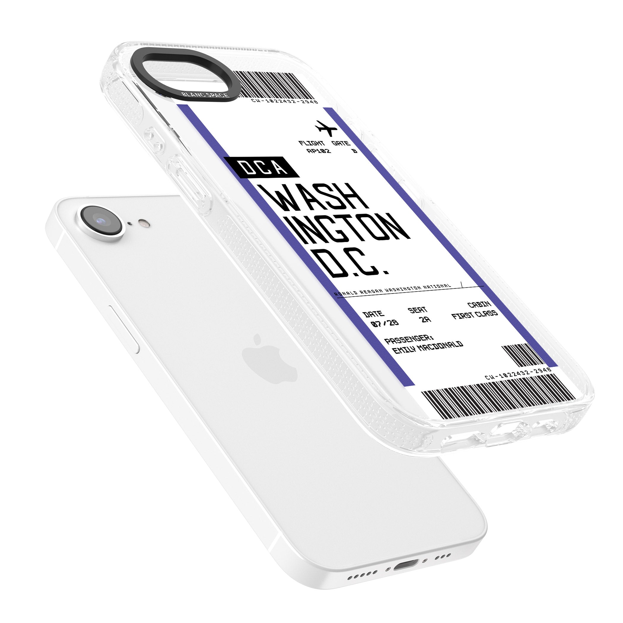 Personalised Washington D.C. Boarding Pass iPhone 16e Clear Case Impact Air - Blanc Space