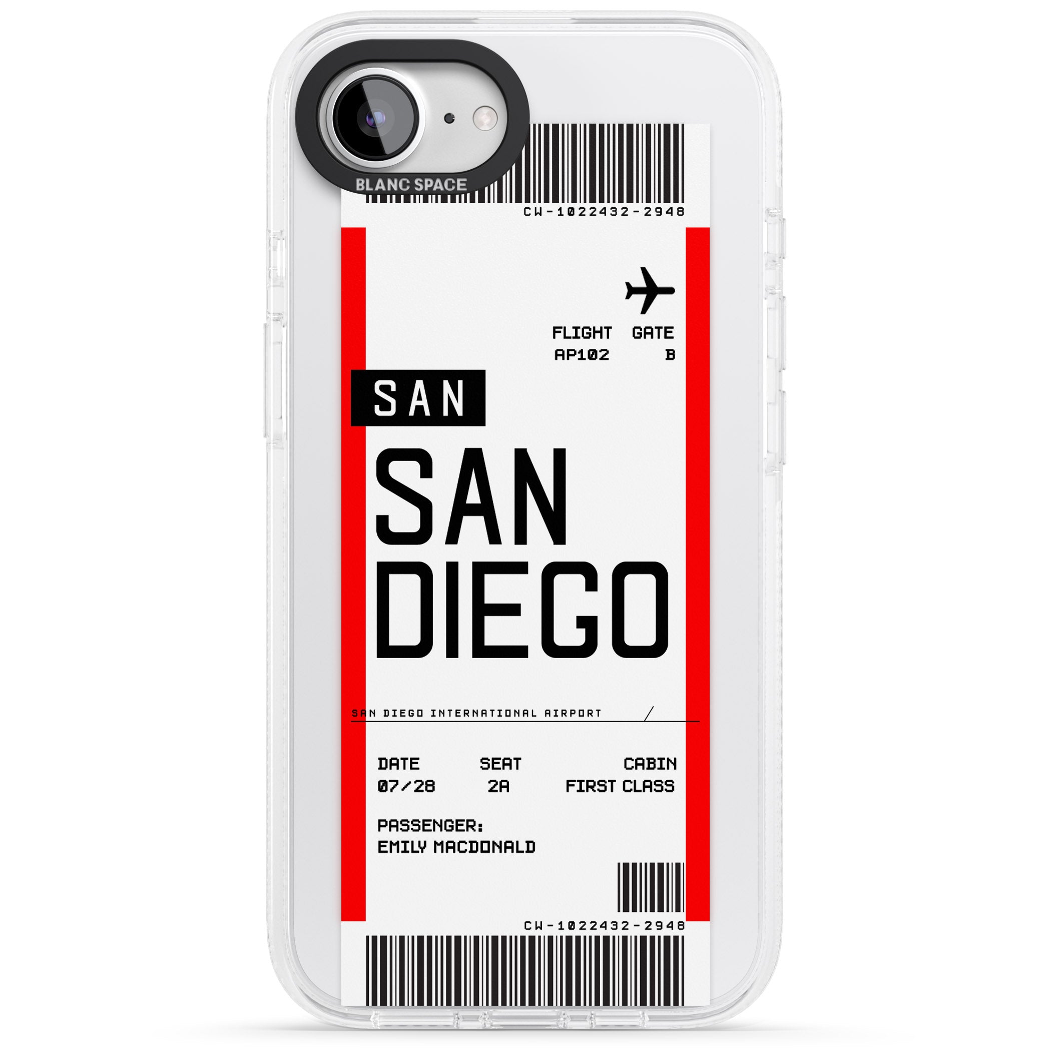 Personalised San Diego Boarding Pass iPhone 16e Clear Case Impact Air - Blanc Space