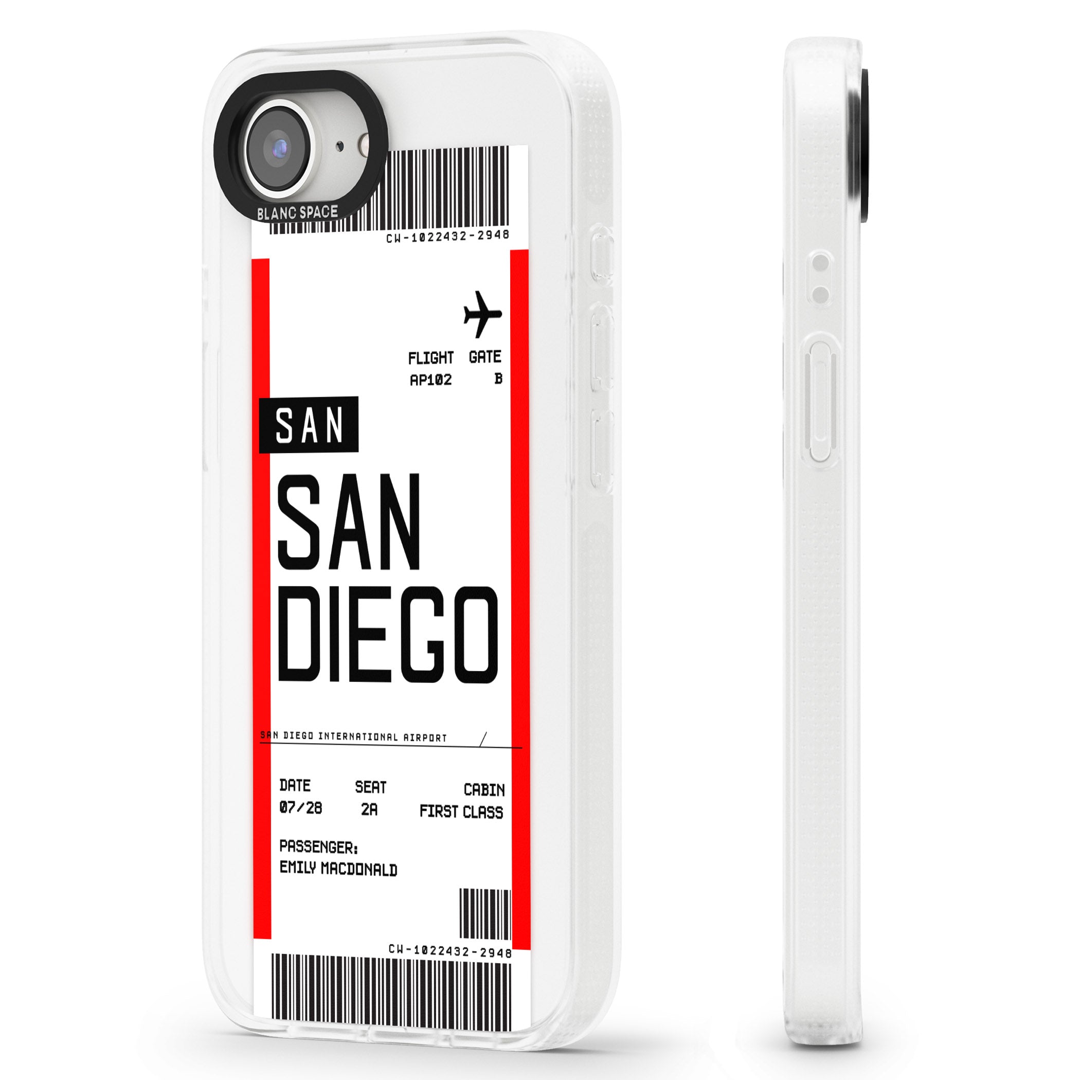 Personalised San Diego Boarding Pass iPhone 16e Clear Case Impact Air - Blanc Space