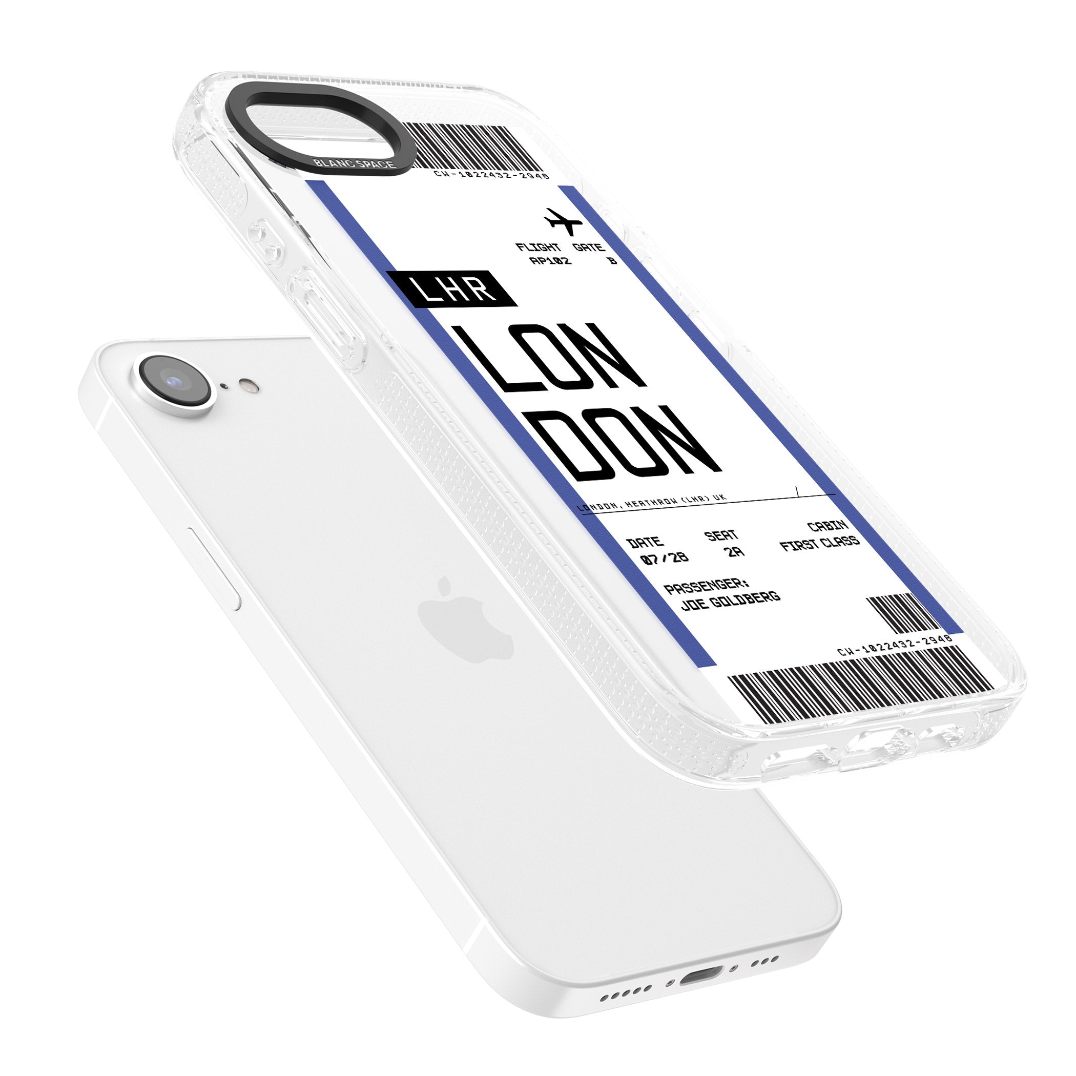 Personalised London Boarding Pass iPhone 16e Clear Case Impact Air - Blanc Space