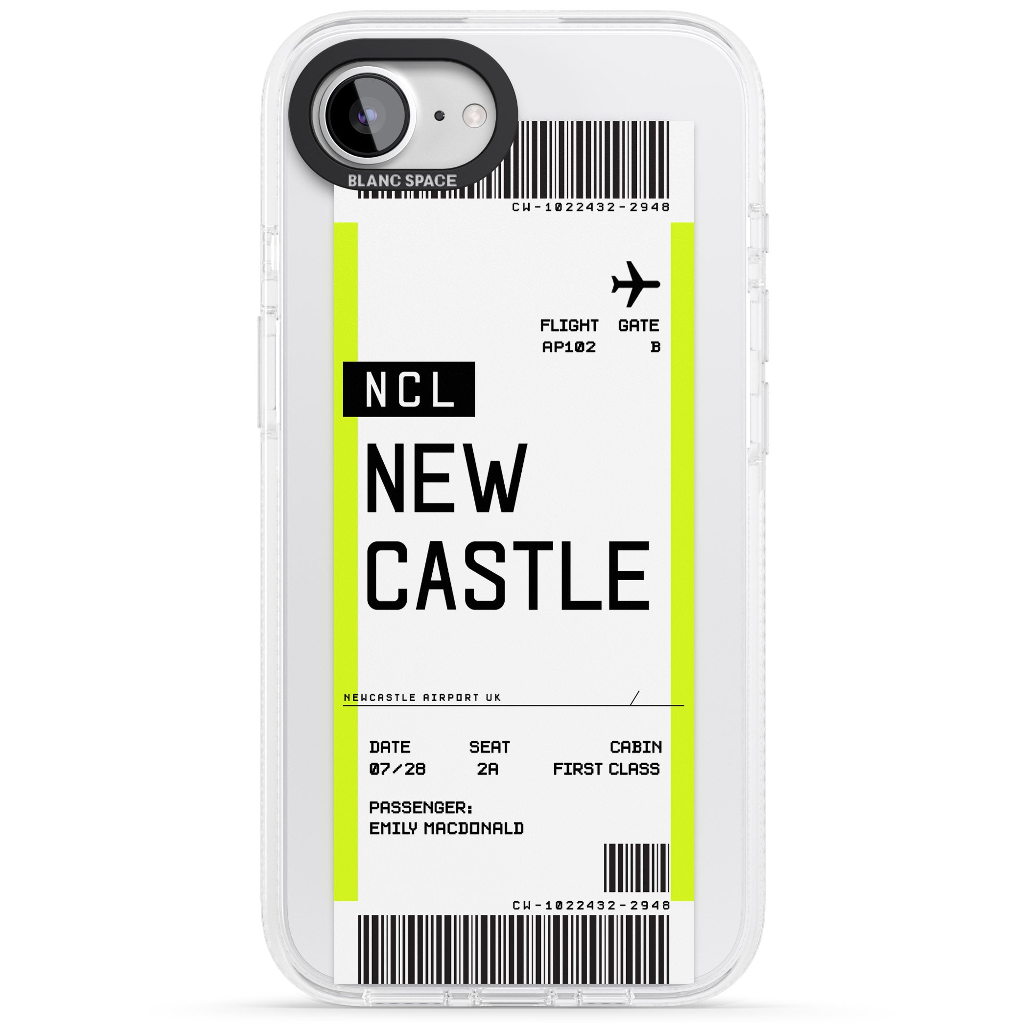 Personalised Newcastle Boarding Pass iPhone 16e Clear Case Impact Air - Blanc Space